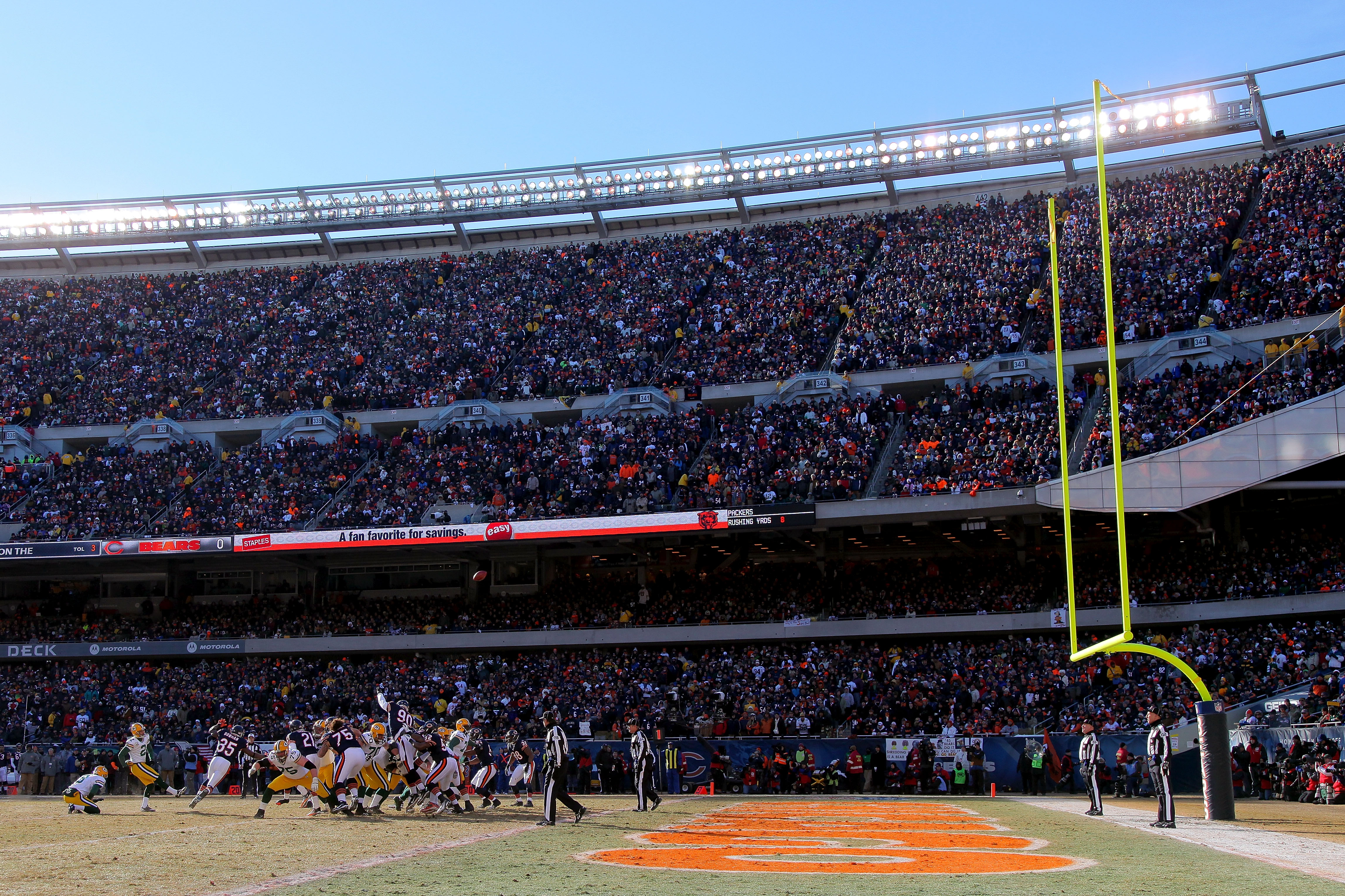 CHICAGO, IL - JANUARY 23:  Kicker Mason Crosby #2 of the Green Bay Packers kicks an extra point in the first quarter against the Chicago Bears in the NFC Championship Game at Soldier Field on January 23, 2011 in Chicago, Illinois.  (Photo by Doug Pensinge
