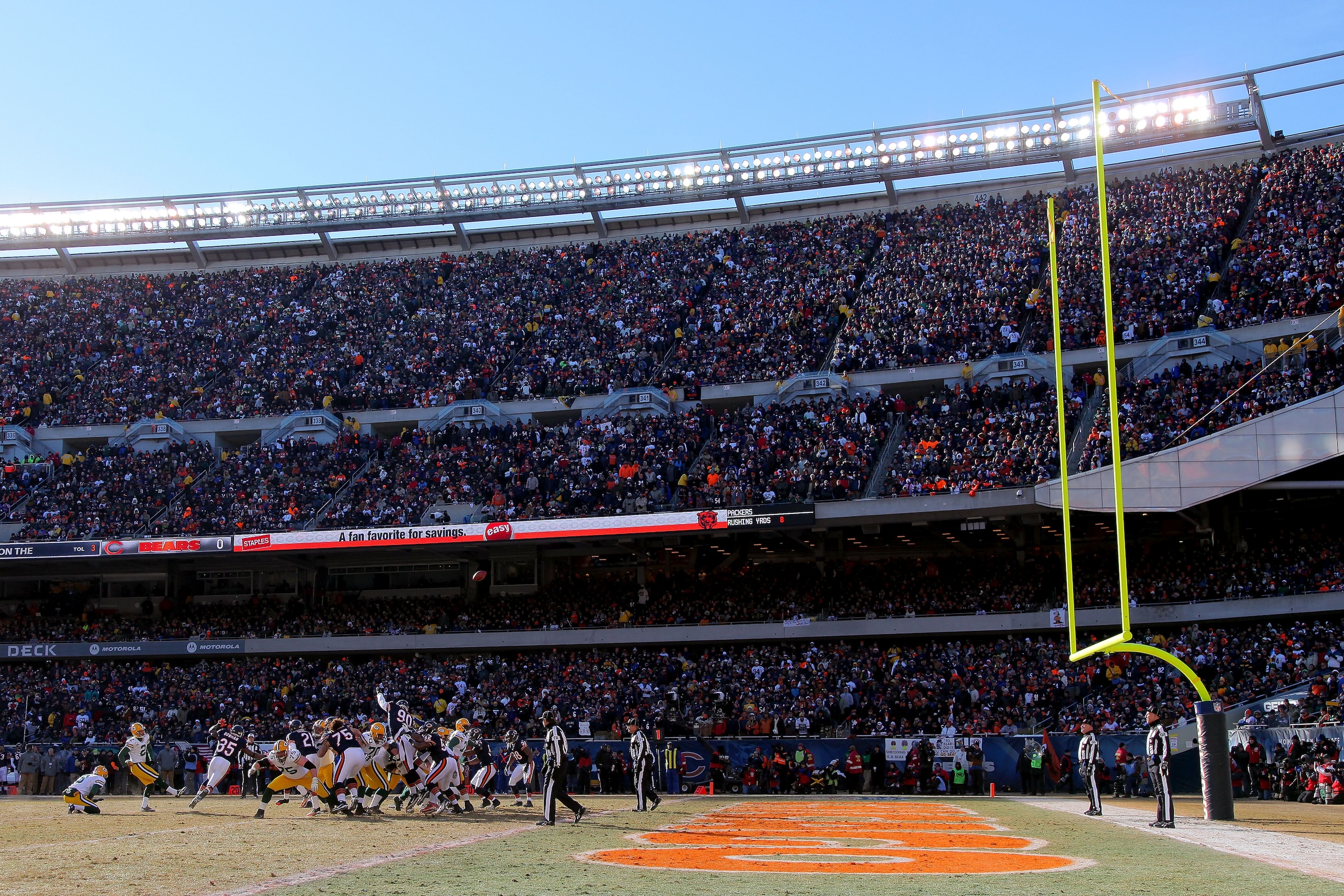 CHICAGO, IL - JANUARY 23:  Kicker Mason Crosby #2 of the Green Bay Packers kicks an extra point in the first quarter against the Chicago Bears in the NFC Championship Game at Soldier Field on January 23, 2011 in Chicago, Illinois.  (Photo by Doug Pensinge
