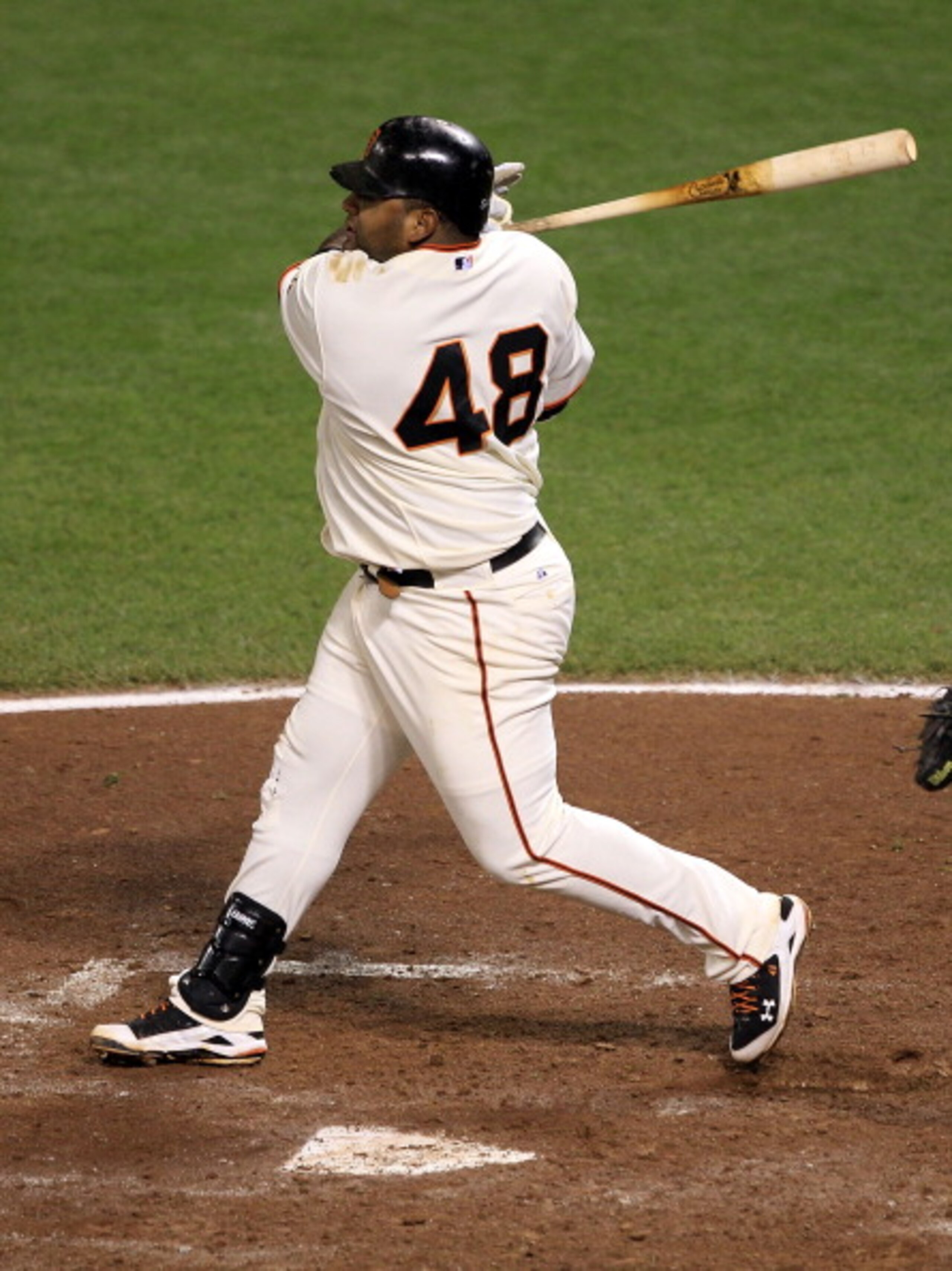 SAN FRANCISCO - OCTOBER 20: Pablo Sandoval #48 of the San Francisco Giants hits an RBI double in the sixth inning against the Philadelphia Phillies in Game Four of the NLCS during the 2010 MLB Playoffs at AT&T Park on October 20, 2010 in San Francisco, C SAN FRANCISCO - OCTOBER 20: Pablo Sandoval #48 of the San Francisco Giants hits an RBI double in the sixth inning against the Philadelphia Phillies in Game Four of the NLCS during the 2010 MLB Playoffs at AT&T Park on October 20, 2010 in San Francisco, C