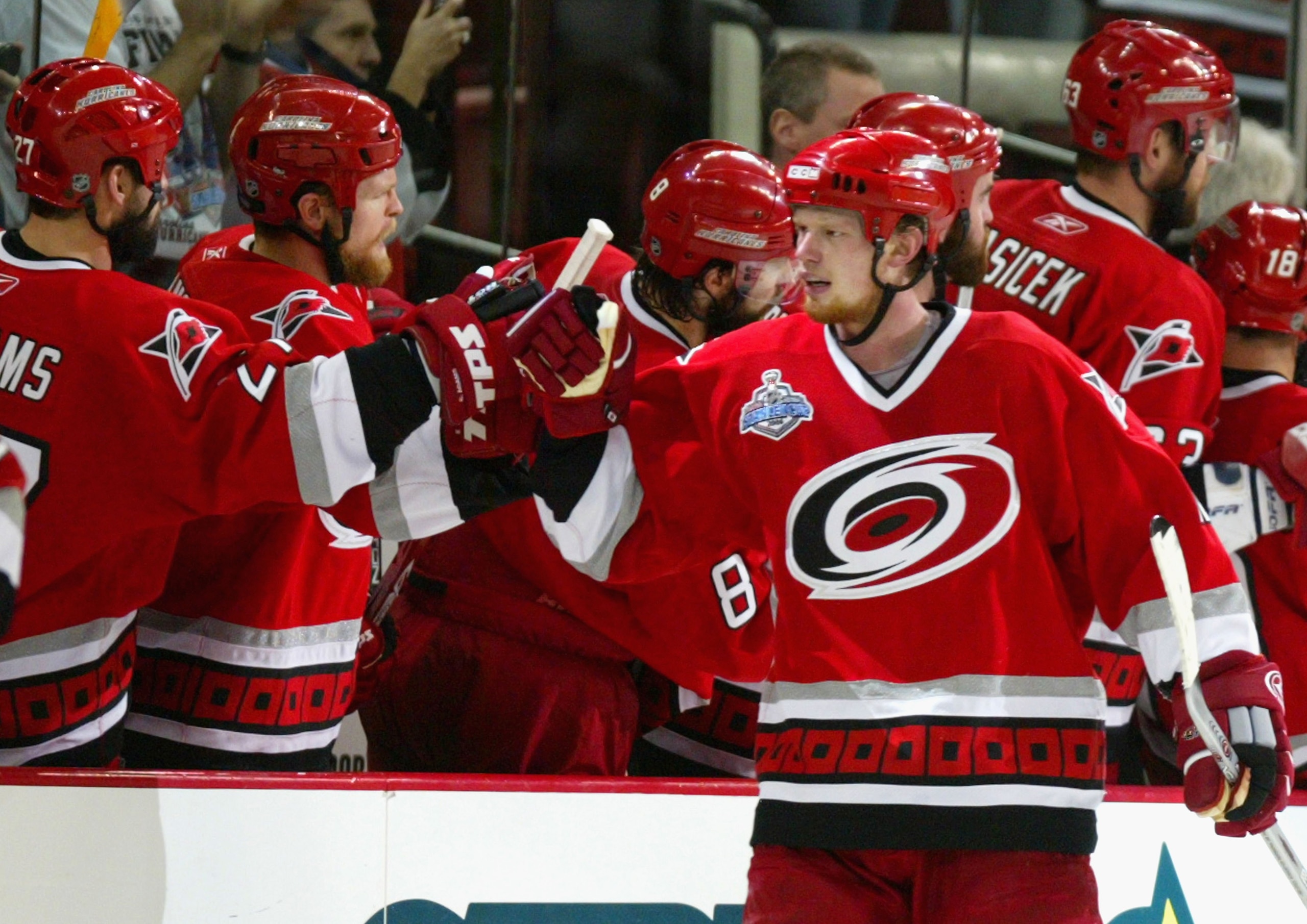 RALEIGH, NC - JUNE 14:  Eric Staal #12 of the Carolina Hurricanes celebrates with teammates after scoring against the Edmonton Oilers during the second period of game five of the 2006 NHL Stanley Cup Finals on June 14, 2006 at the RBC Center in Raleigh, N