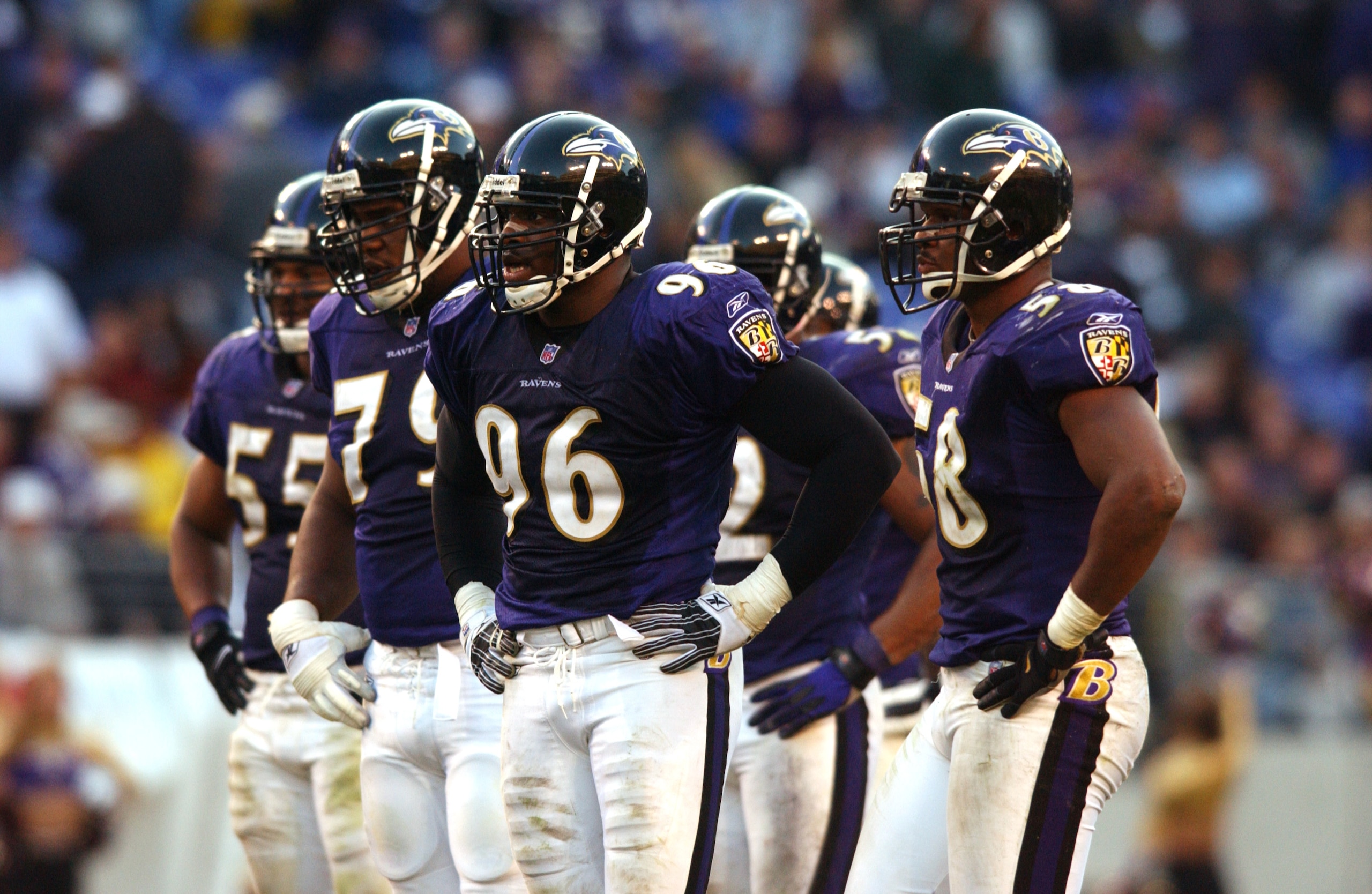 18 Nov 2001 : Adalius Thomas #96 of the Baltimore Ravens and teammates stand dejected after loosing to the Cleveland Browns during the game at PSINet Stadium in Baltimore, Maryland. The Browns won 27-17. DIGITAL IMAGE. Mandatory Credit: Doug Pensinger/All
