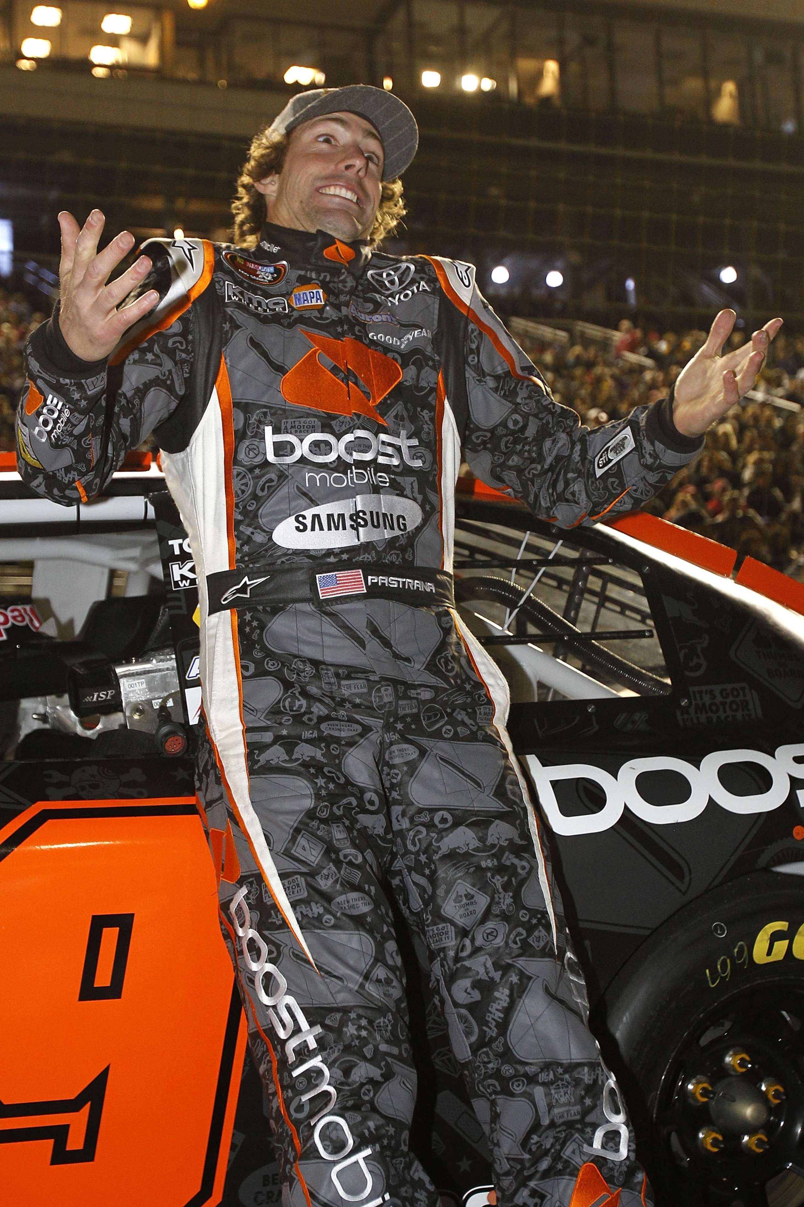 IRWINDALE, CA - JANUARY 29:  Travis Pastrana, driver of the #99 Boost Mobile Toyota, prepares to drive before the NASCAR Toyota All-Star Showdown at Toyota Speedway at Irwindale on January 29, 2011 in Irwindale, California.  (Photo by Todd Warshaw/Getty I
