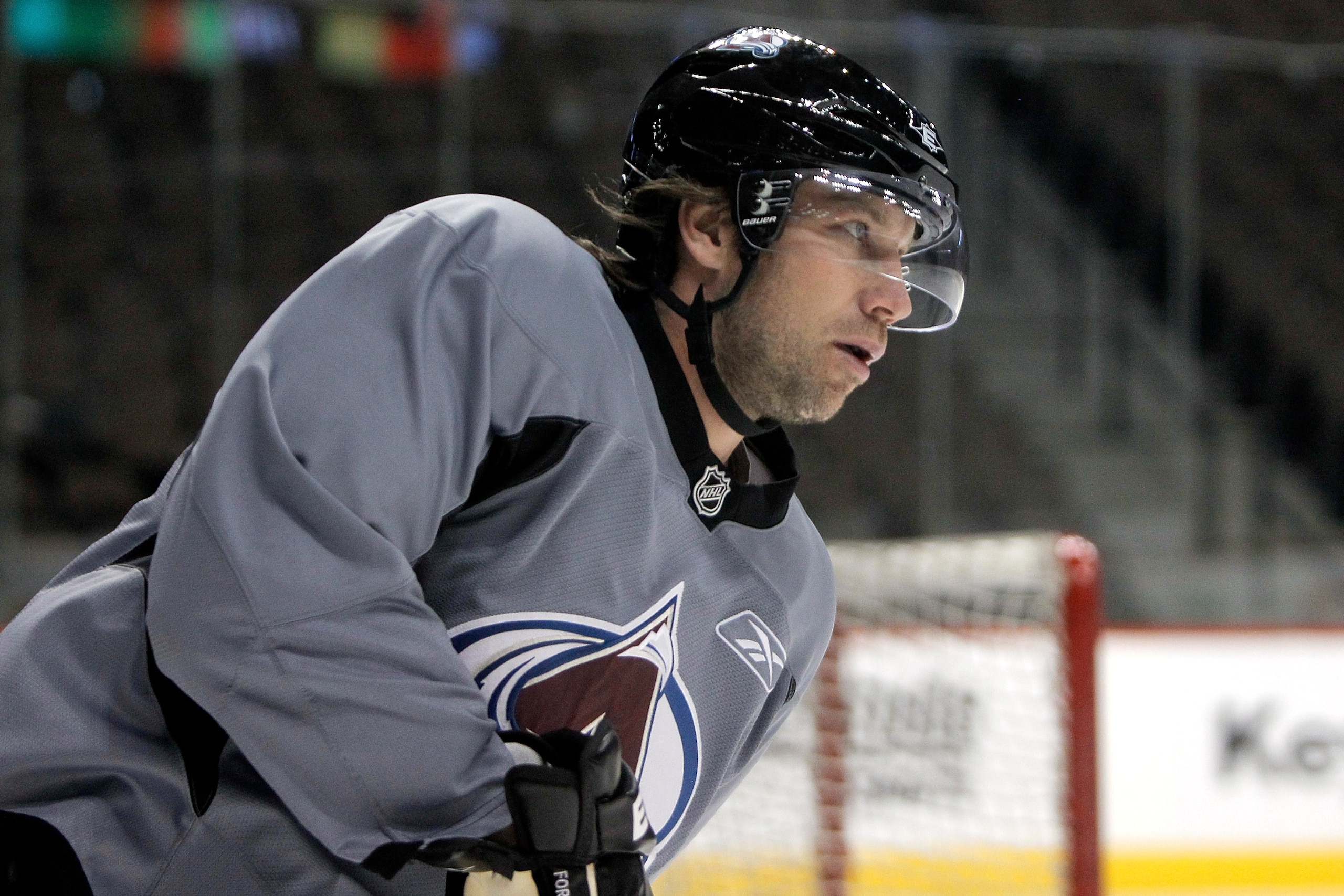 DENVER, CO - JANUARY 22:  Peter Forsberg skates prior to his first practice with the Colorado Avalanche at the Pepsi Center on January 22, 2011 in Denver, Colorado. The star center is mulling a comeback with the team and is practicing to see if he can kee