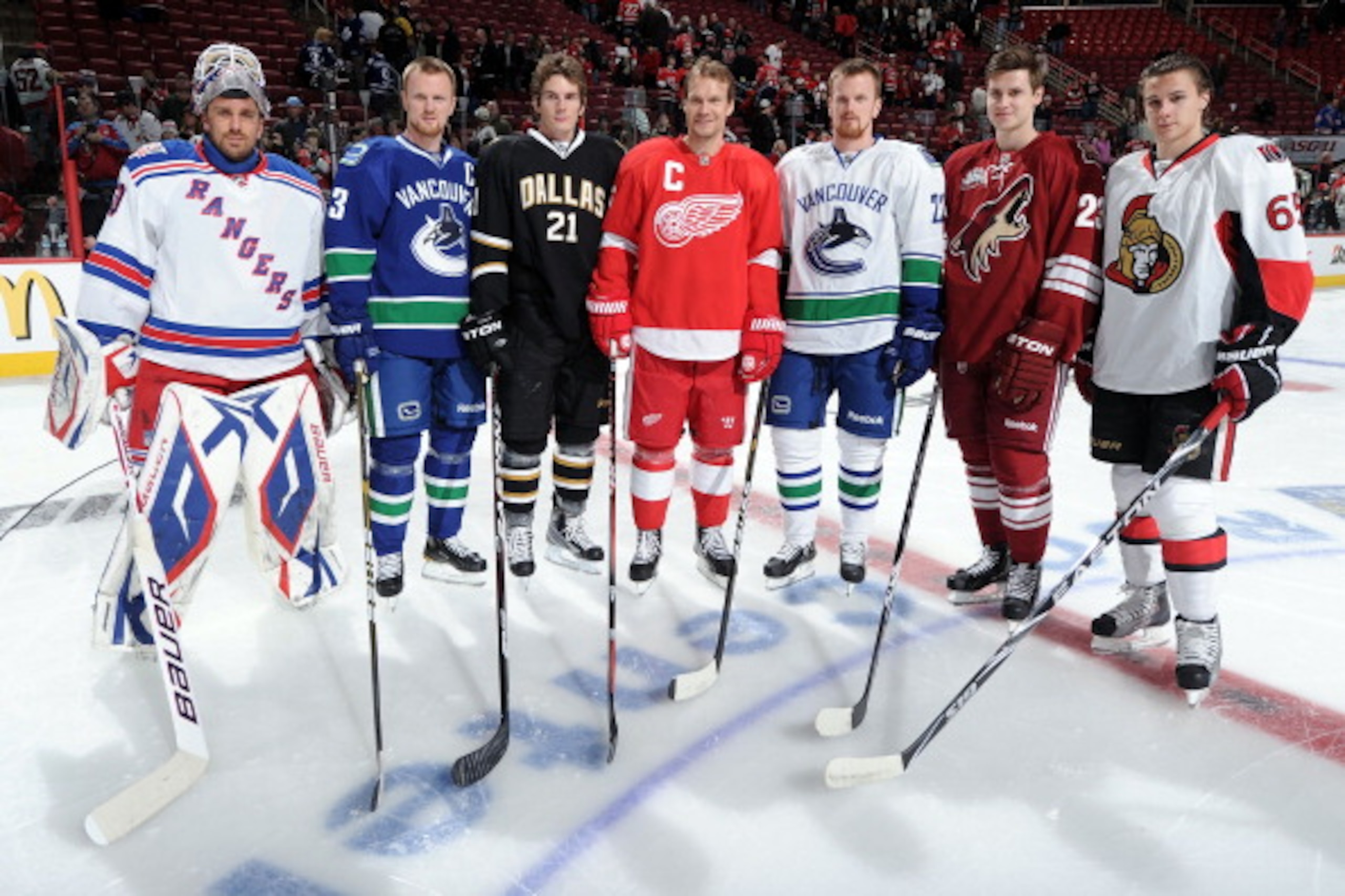 RALEIGH, NC - JANUARY 29:  (L-R) Henrik Lundqvist #30 of New York Rangers, Henrik Sedin #33 of the Vancouver Canucks, Loui Eriksson #21 of the Dallas Stars, Nicklas Lidstrom #5 of the Detroit Red Wings, Daniel Sedin #22 of the Vancouver Canucks, Oliver Ek