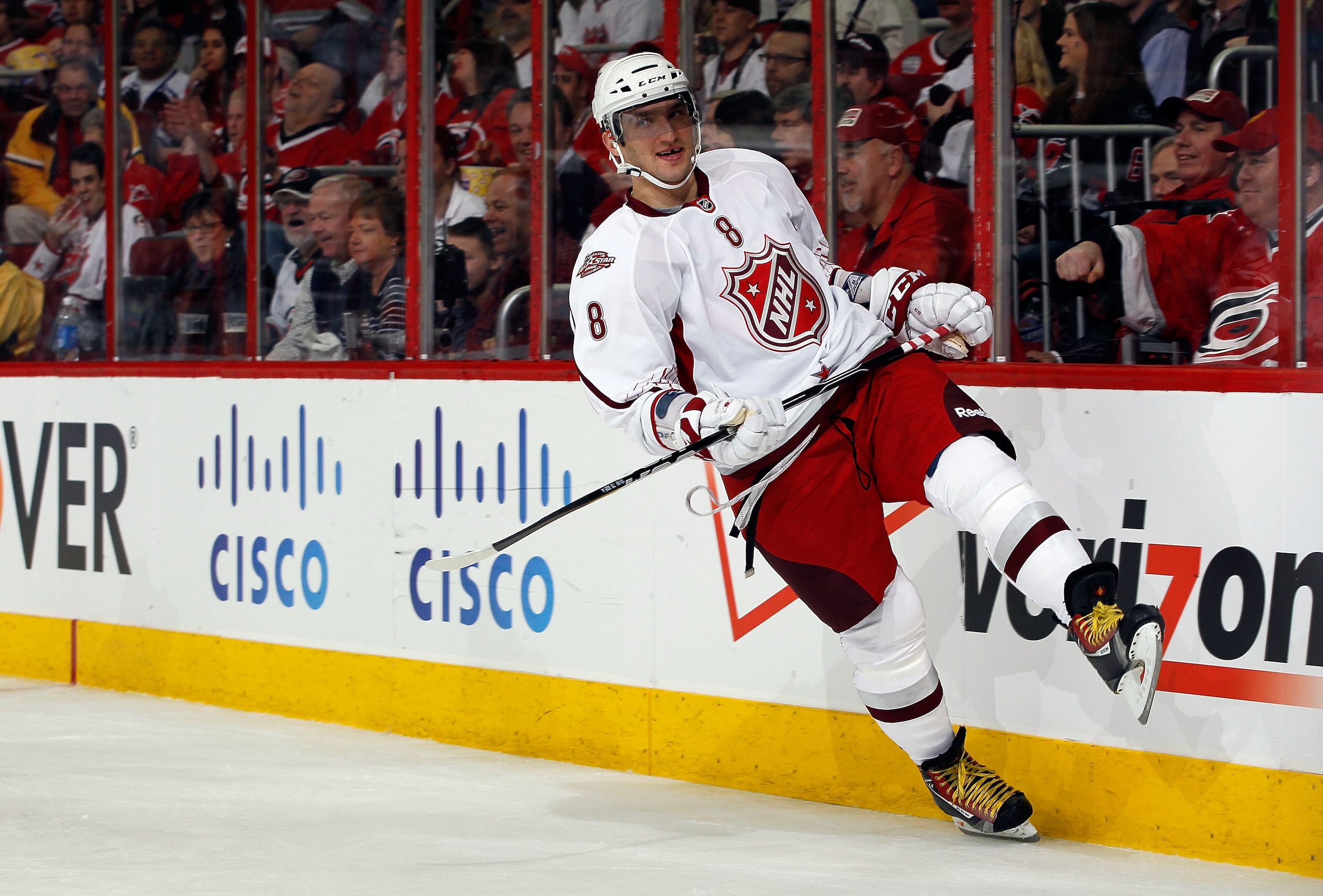 RALEIGH, NC - JANUARY 30:  Team Staal player Alexander Ovechkin #8 of the Washington Capitals reacts against Team Lidstrom in the 58th NHL All-Star Game at RBC Center on January 30, 2011 in Raleigh, North Carolina.  (Photo by Kevin C. Cox/Getty Images)