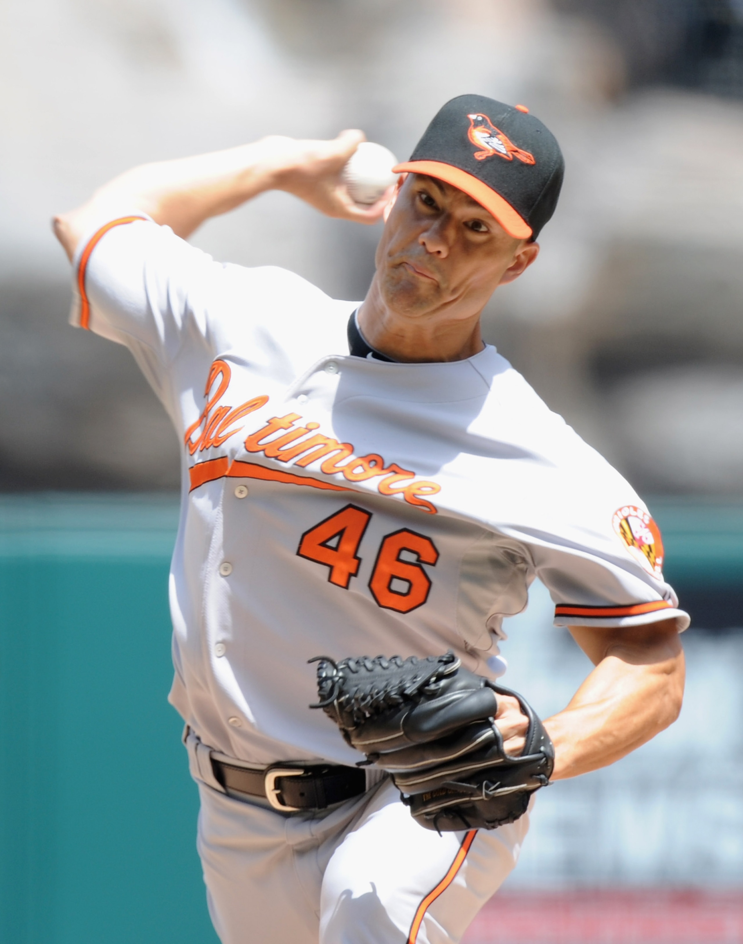 ANAHEIM, CA - AUGUST 29:  Jeremy Guthrie #46 of the Baltimore Orioles pitches against the Los Angeles Angels of Anaheim during the first inning at Angel Stadium on August 29, 2010 in Anaheim, California.  (Photo by Harry How/Getty Images)