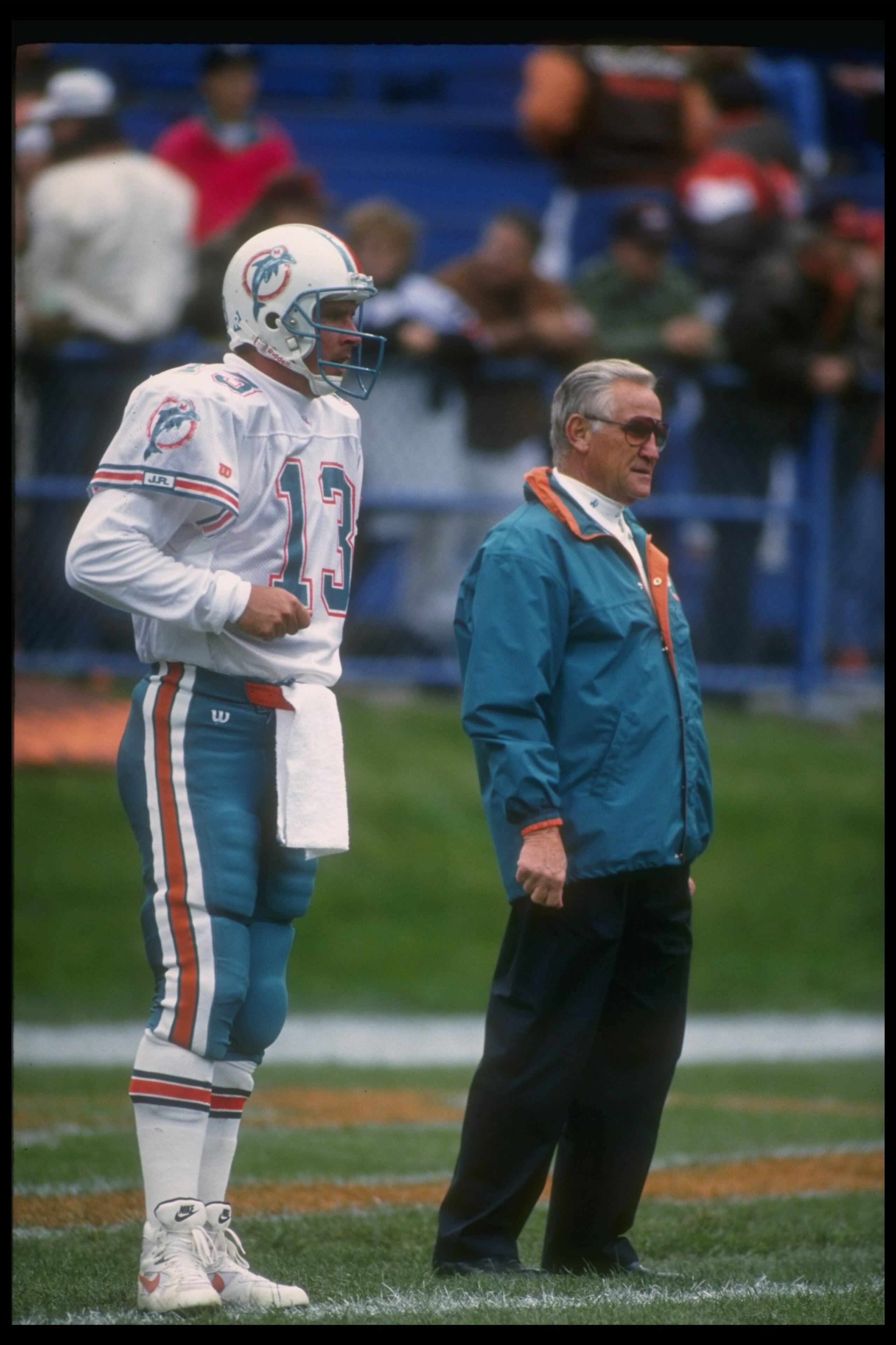 10 Oct 1993:  Miami Dolphins quarterback Dan Marino and head coach Don Shula look on during a game against the Cleveland Browns at Cleveland Stadium in Cleveland, Ohio.  The Dolphins won the game, 24-14. Mandatory Credit: Jonathan Daniel  /Allsport