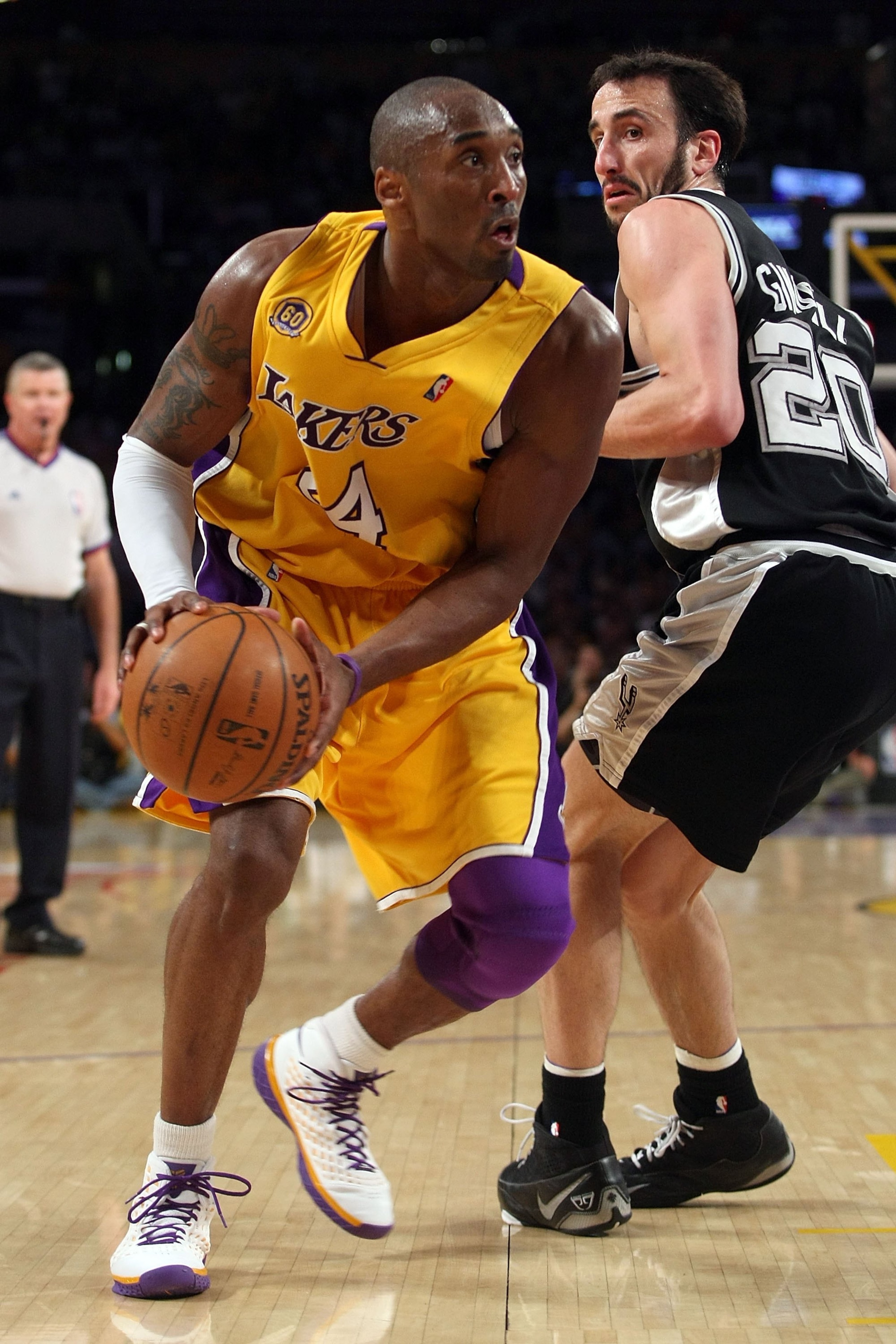 LOS ANGELES, CA - MAY 21:  Kobe Bryant #24 of the Los Angeles Lakers makes a move on Manu Ginobili #20 of the San Antonio Spurs in Game One of the Western Conference Finals during the 2008 NBA Playoffs on May 21, 2008 at Staples Center in Los Angeles, Cal