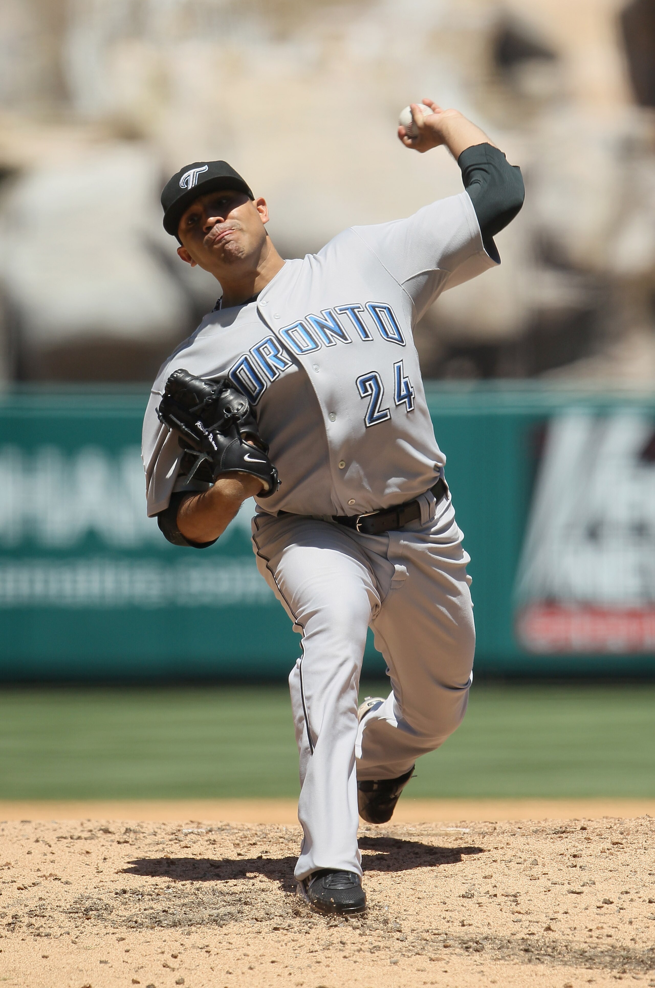ANAHEIM, CA - AUGUST 15:  Ricky Romero #24 of the Toronto Blue Jays pitches against the Los Angeles Angels of Anaheim at Angel Stadium on August 15, 2010 in Anaheim, California. The Blue Jays defeated the Angels 4-1.  (Photo by Jeff Gross/Getty Images)