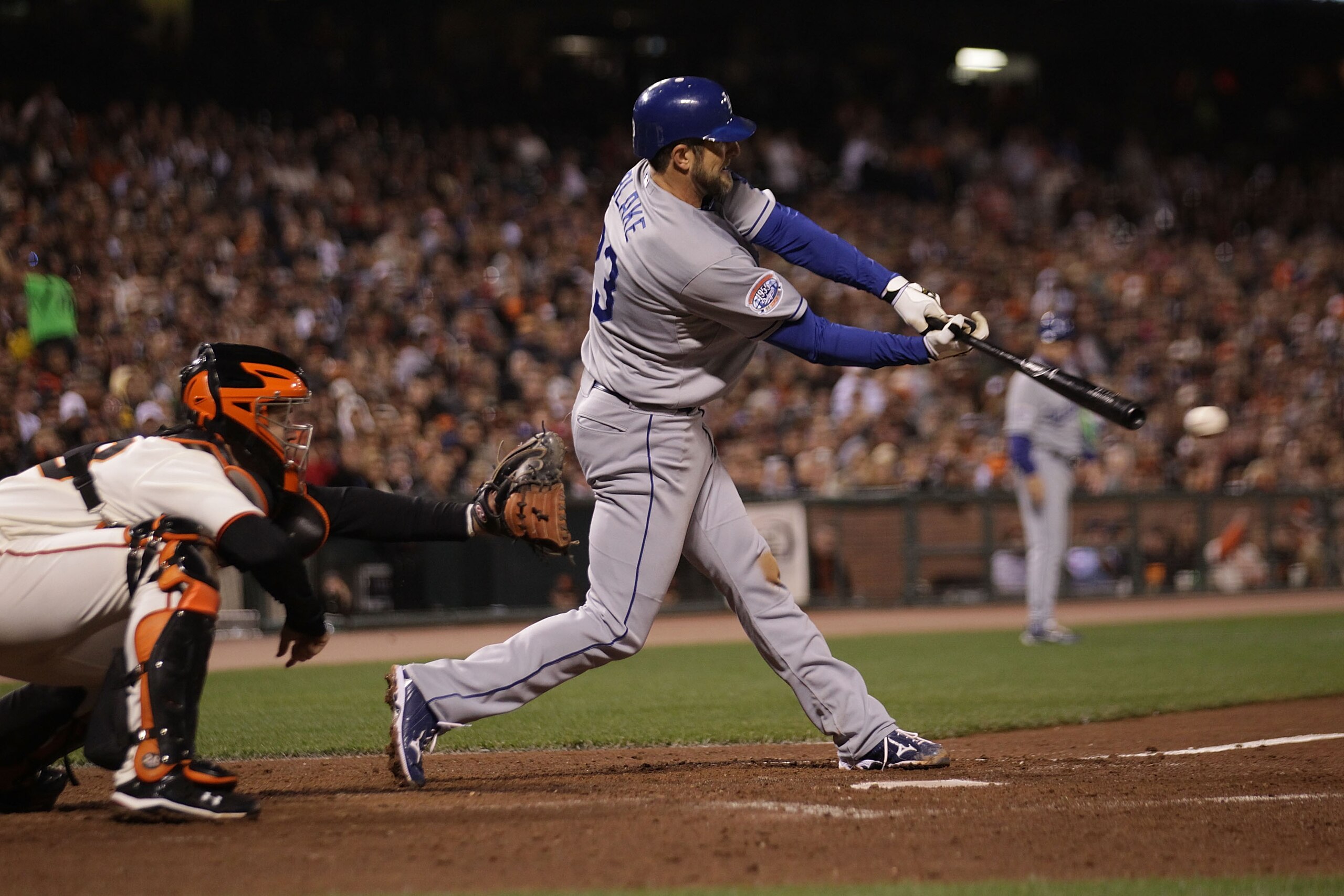 SAN FRANCISCO - SEPTEMBER 14: Casey Blake #23 of the Los Angeles Dodgers grounds into a fielder's choice against the San Francisco Giants that led to a run in the sixth inning during a Major League Baseball game at AT&T Park on September 14, 2010 in San F