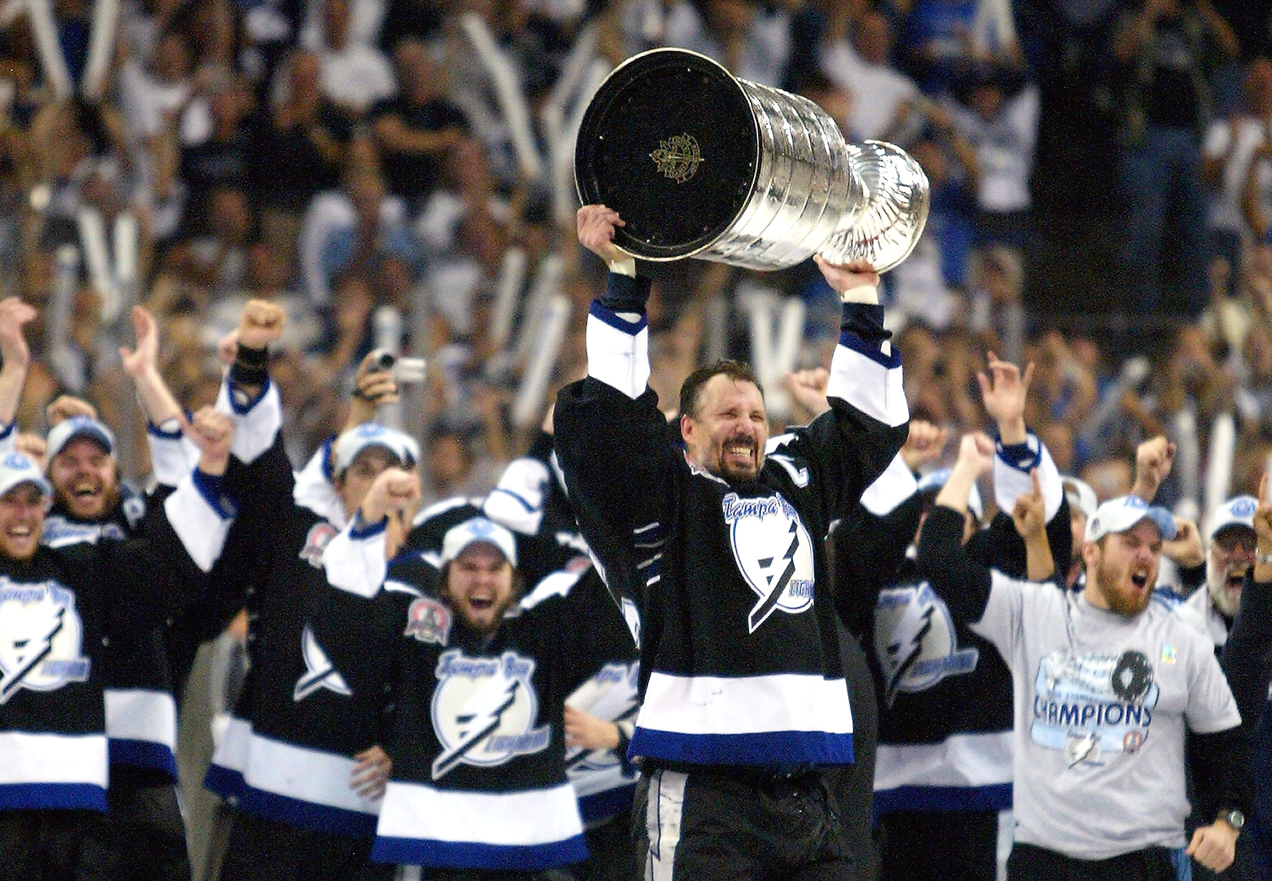 TAMPA, FL - JUNE 7: Dave Andreychuk #25 of the Tampa Bay Lightning skates with the Stanley Cup after defeating the Calgary Flames in game seven of the NHL Stanley Cup Finals on June 7, 2004 at the St. Pete Times Forum in Tampa, Florida. The Lightning w TAMPA, FL - JUNE 7: Dave Andreychuk #25 of the Tampa Bay Lightning skates with the Stanley Cup after defeating the Calgary Flames in game seven of the NHL Stanley Cup Finals on June 7, 2004 at the St. Pete Times Forum in Tampa, Florida. The Lightning w