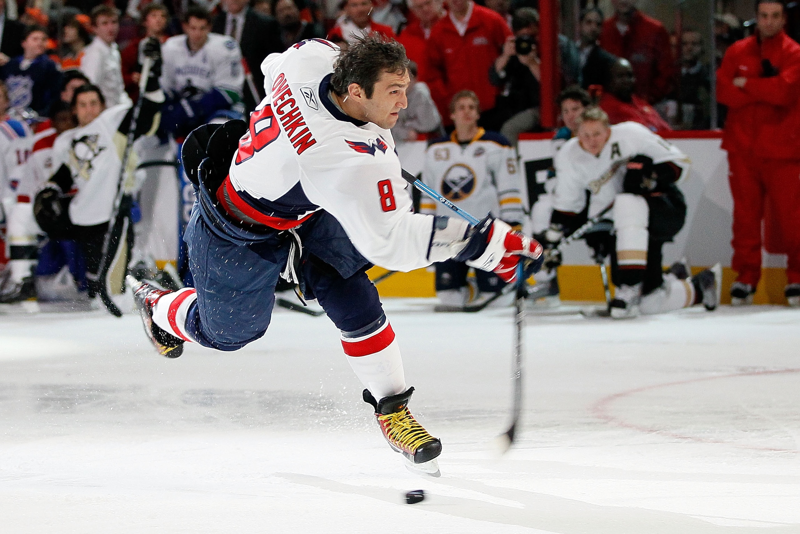 RALEIGH, NC - JANUARY 29:  Alexander Ovechkin #8 of the Washington Capitals breaks his stick during the hardest shot part of the Honda NHL SuperSkills competition part of 2011 NHL All-Star Weekend at the RBC Center on January 29, 2011 in Raleigh, North Ca