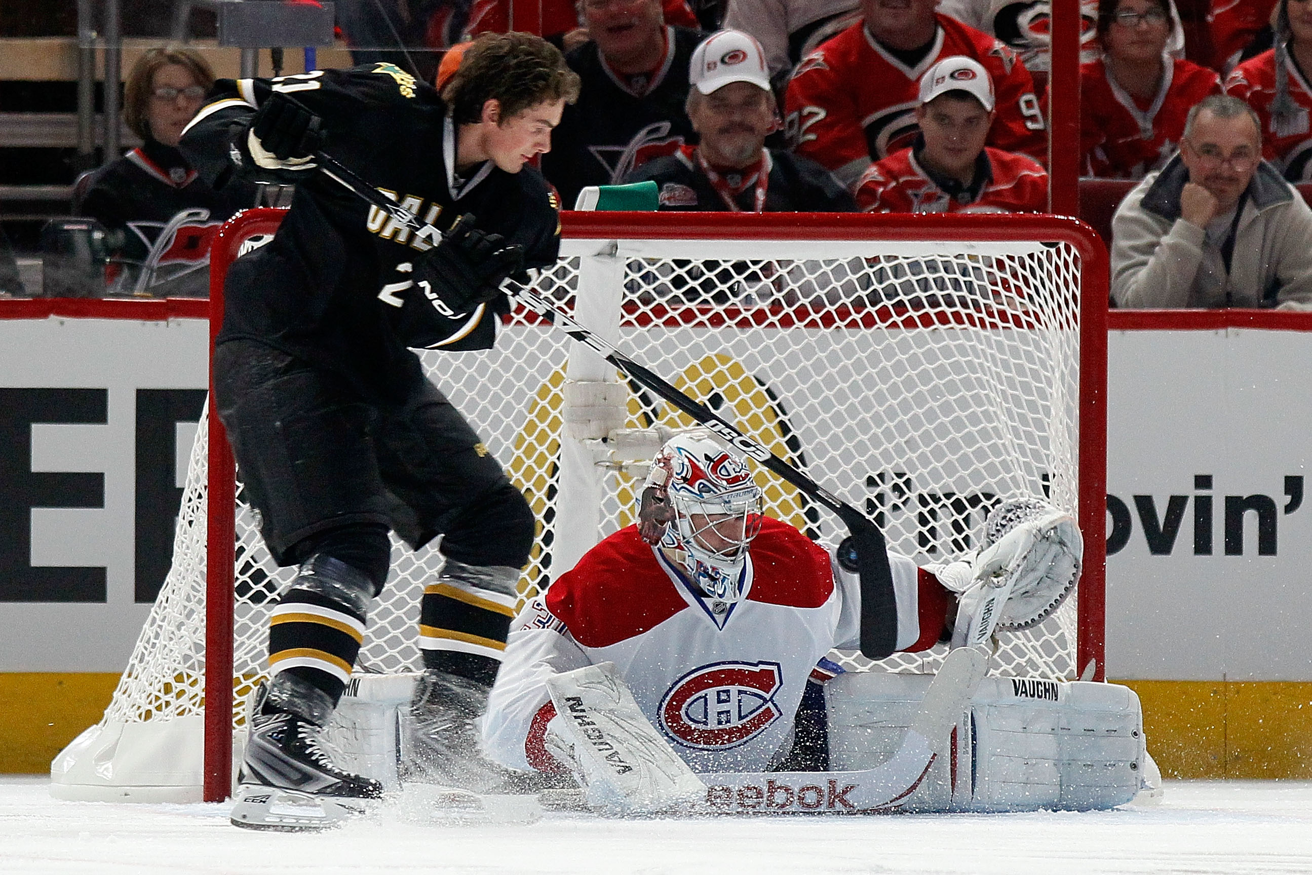 RALEIGH, NC - JANUARY 29:  Loui Eriksson #21 of the Dallas Stars shoots against Carey Price #31 of the Montreal Canadiens in the accuracy shooting part of the Honda NHL SuperSkills competition part of 2011 NHL All-Star Weekend at the RBC Center on January
