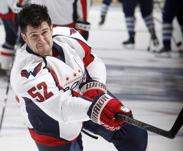 TORONTO, CANADA - JANUARY 22:  Mike Green #52 of the Washington Capitals shoots during warmup before game action at the Air Canada Centre January 22, 2011 in Toronto, Ontario, Canada. (Photo by Abelimages/Getty Images)