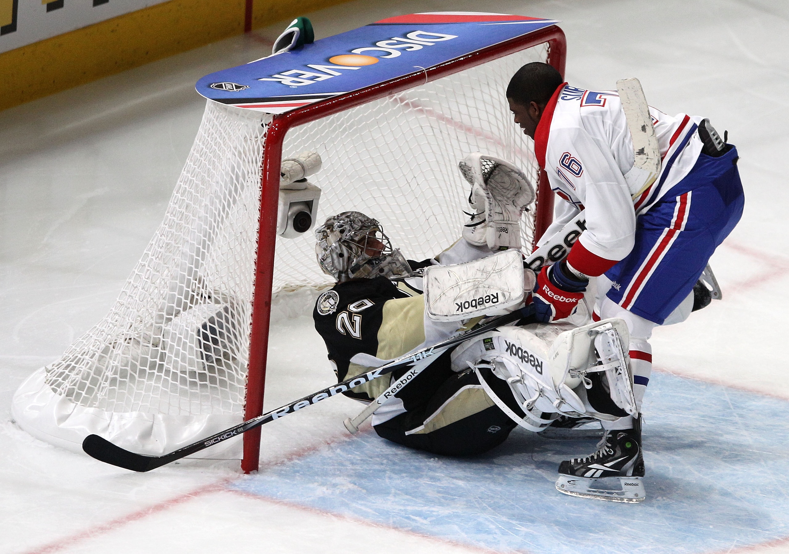RALEIGH, NC - JANUARY 29:  P.K. Subban #76 of the Montreal Canadiens shoot on Marc-Andre Fleury #29 of the Pittsburgh Penguins during the elimination shootout part of the Honda NHL SuperSkills competition part of 2011 NHL All-Star Weekend at the RBC Cente
