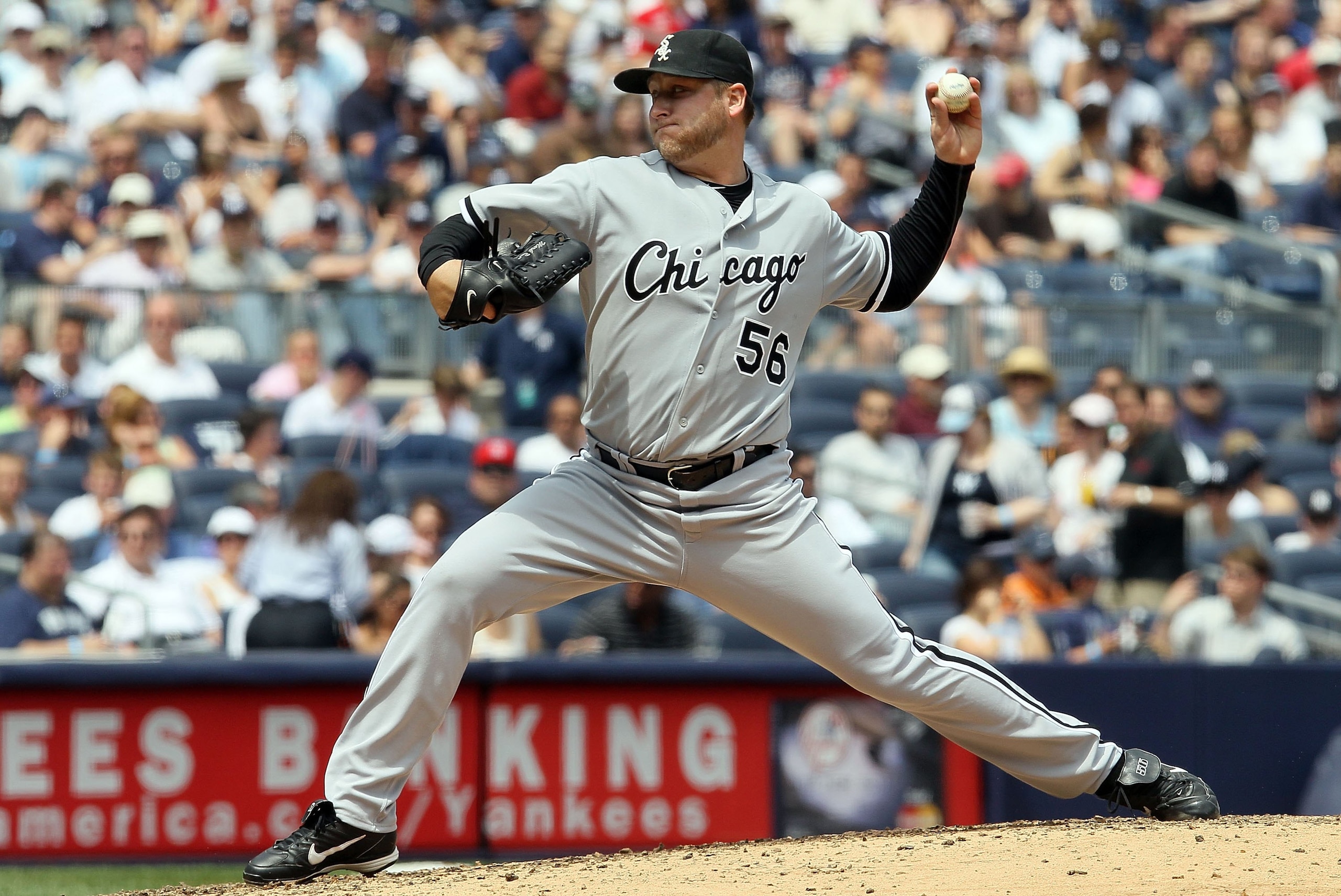 NEW YORK - MAY 02:  Mark Buehrle #56 of the Chicago White Sox delivers a pitch against the New York Yankees on May 2, 2010 at Yankee Stadium in the Bronx borough of New York City. The Yankees defeated the White Sox 12-3.  (Photo by Jim McIsaac/Getty Image