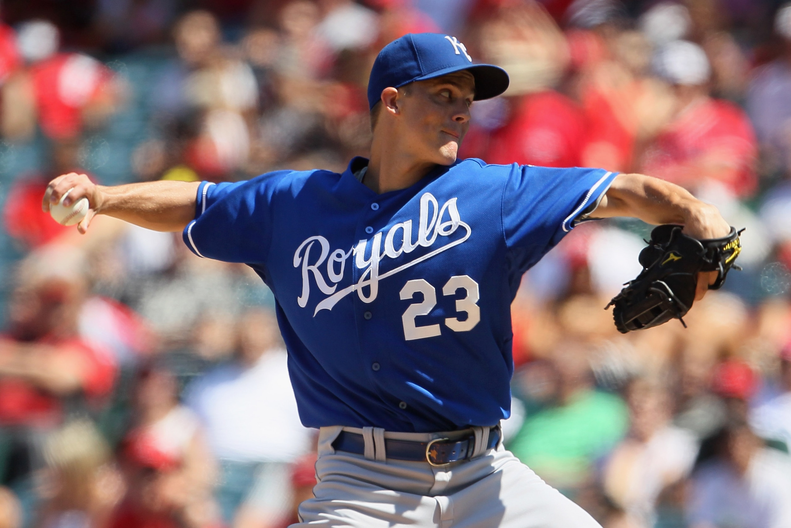 ANAHEIM, CA - AUGUST 11:  Zack Greinke #23 of the Kansas City Royals pitches against the Los Angeles Angels of Anaheim in the seventh inning at Angel Stadium on August 11, 2010 in Anaheim, California. The Angels defeated the Royals 2-1 in ten innings.  (P