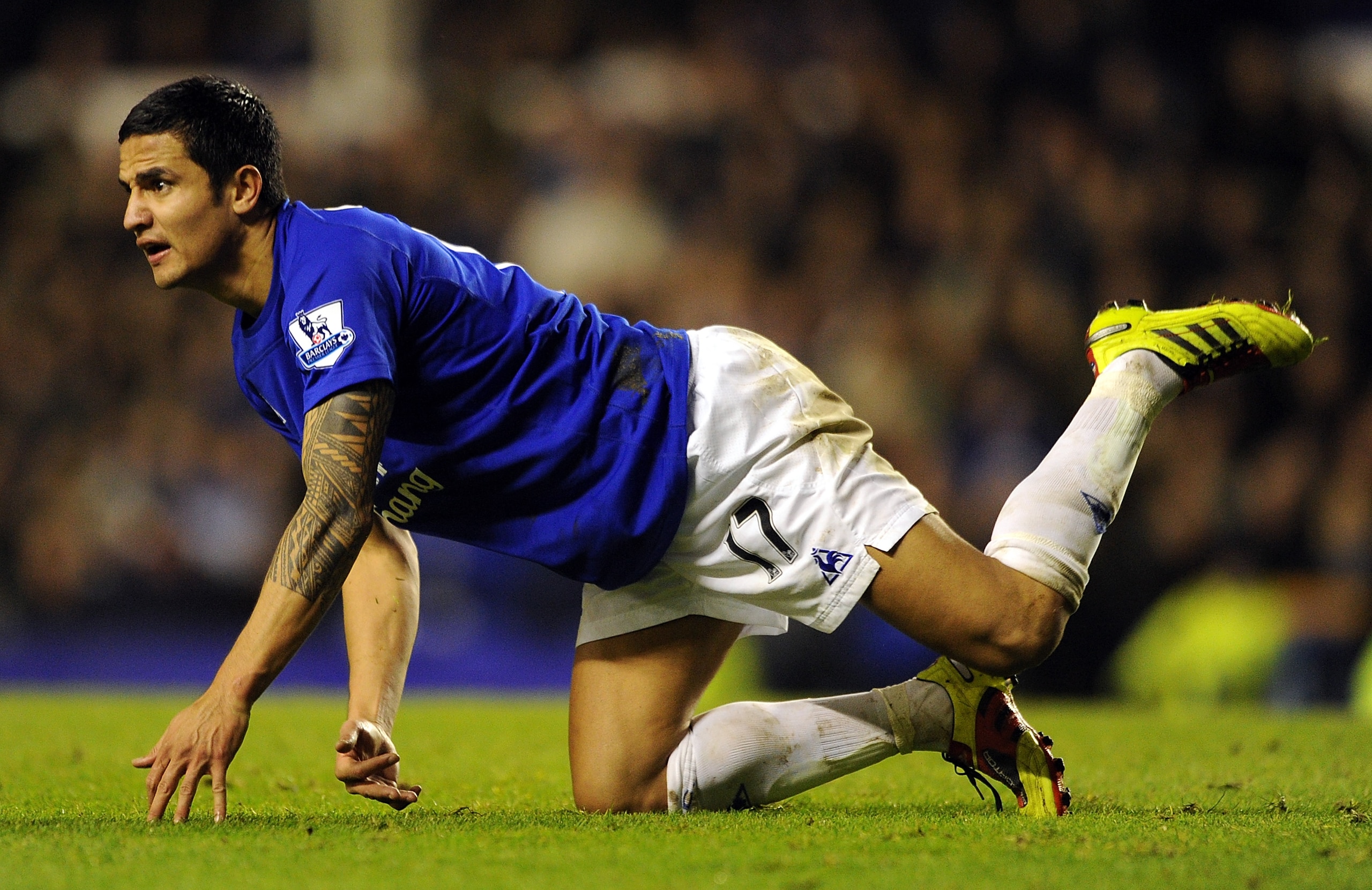 LIVERPOOL, ENGLAND - DECEMBER 11:  Tim Cahill of Everton reacts during the Barclays Premier League match between Everton and Wigan Athletic at Goodison Park on December 11, 2010 in Liverpool, England.  (Photo by Chris Brunskill/Getty Images)