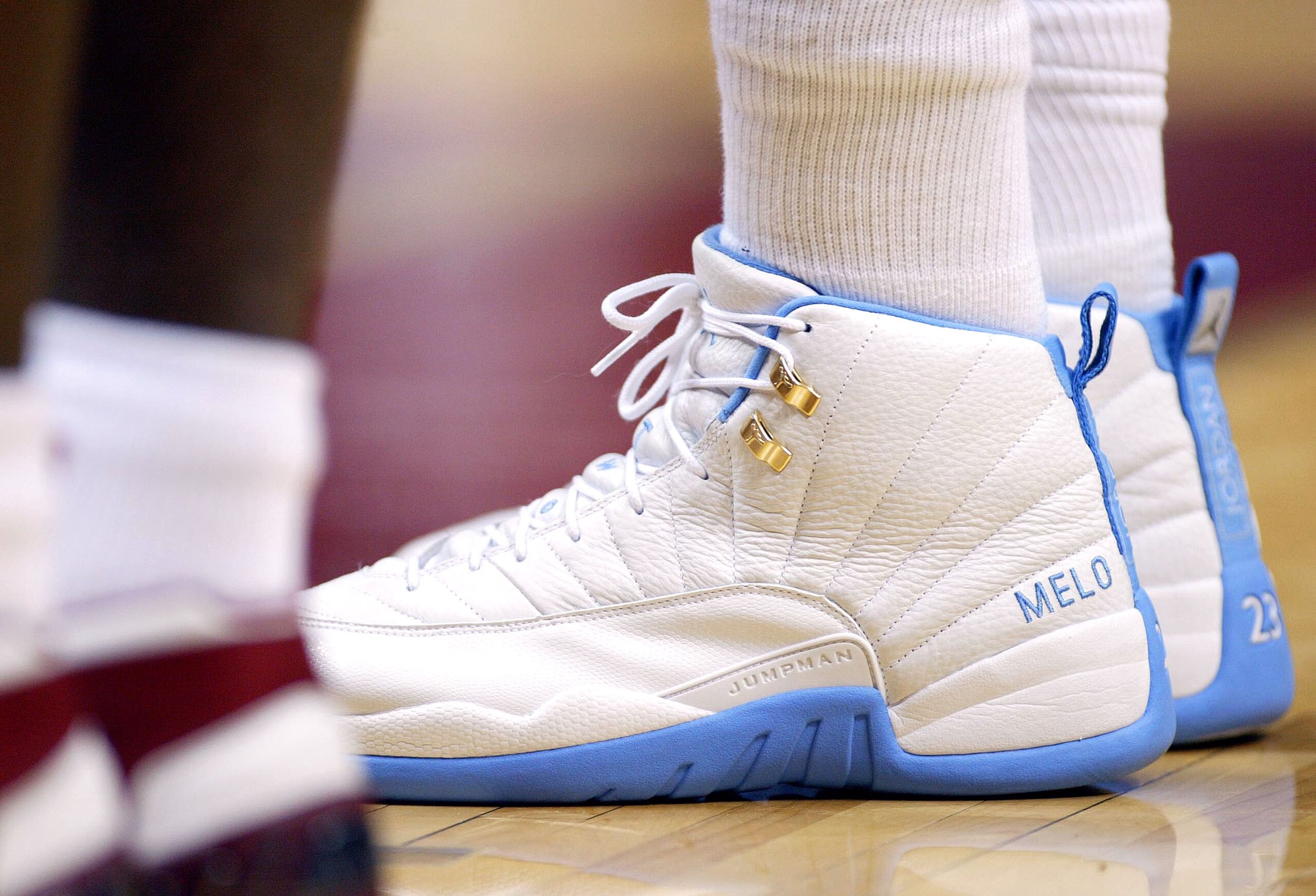 CLEVELAND - NOVEMBER 5: The shoes of Carmelo Anthony #15 of the Denver Nuggets are pictured during the game against the Cleveland Cavaliers November 5, 2003 at Gund Arena in Cleveland, Ohio. NOTE TO USER: User expressly acknowledges and agrees that by d CLEVELAND - NOVEMBER 5: The shoes of Carmelo Anthony #15 of the Denver Nuggets are pictured during the game against the Cleveland Cavaliers November 5, 2003 at Gund Arena in Cleveland, Ohio. NOTE TO USER: User expressly acknowledges and agrees that by d