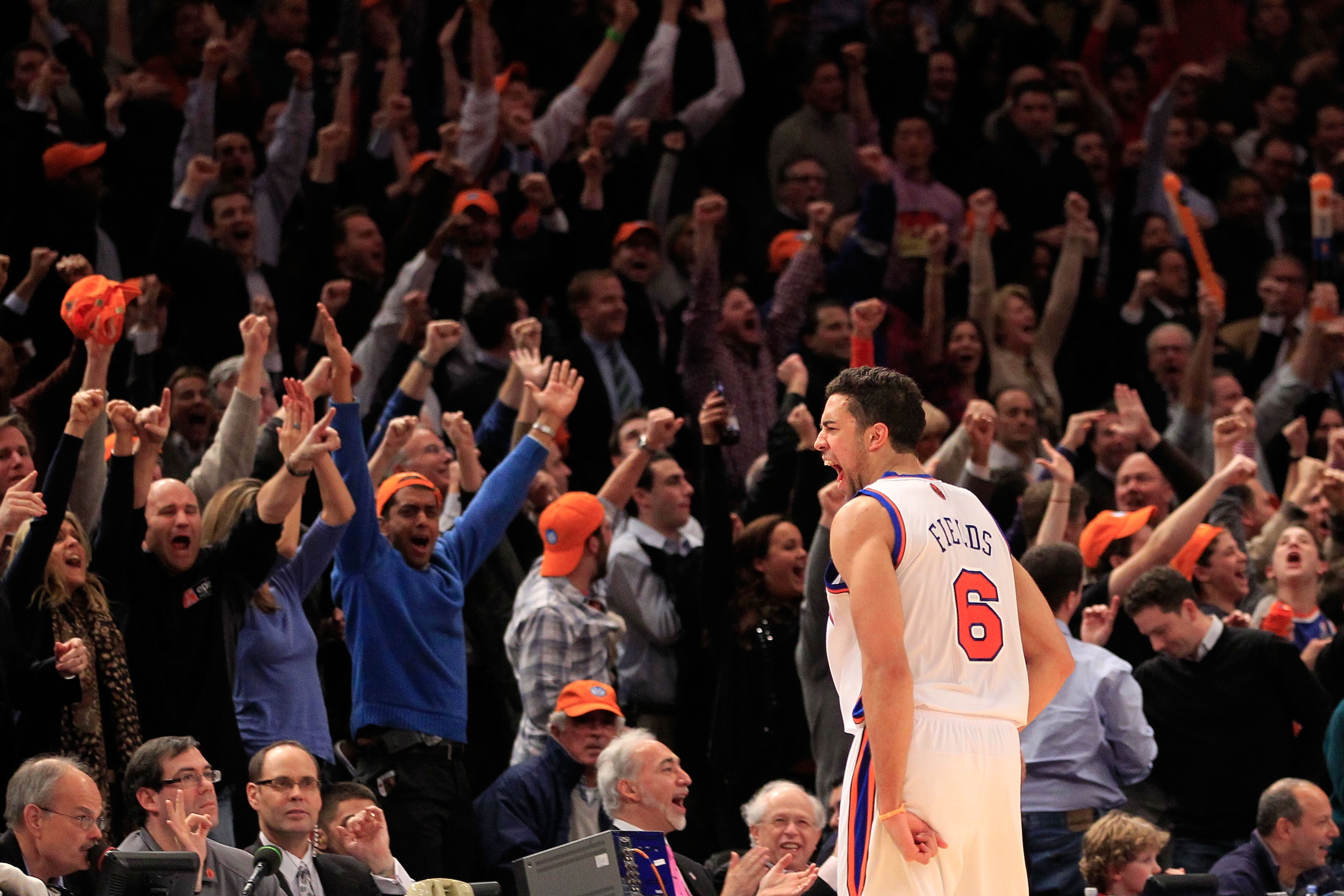 NEW YORK, NY - JANUARY 27: Landry Fields #6 of the New York Knicks celebrates scoring a three pointer against the Miami Heat at Madison Square Garden on January 27, 2011 in New York City. NOTE TO USER: User expressly acknowledges and agrees that, by down NEW YORK, NY - JANUARY 27: Landry Fields #6 of the New York Knicks celebrates scoring a three pointer against the Miami Heat at Madison Square Garden on January 27, 2011 in New York City. NOTE TO USER: User expressly acknowledges and agrees that, by down