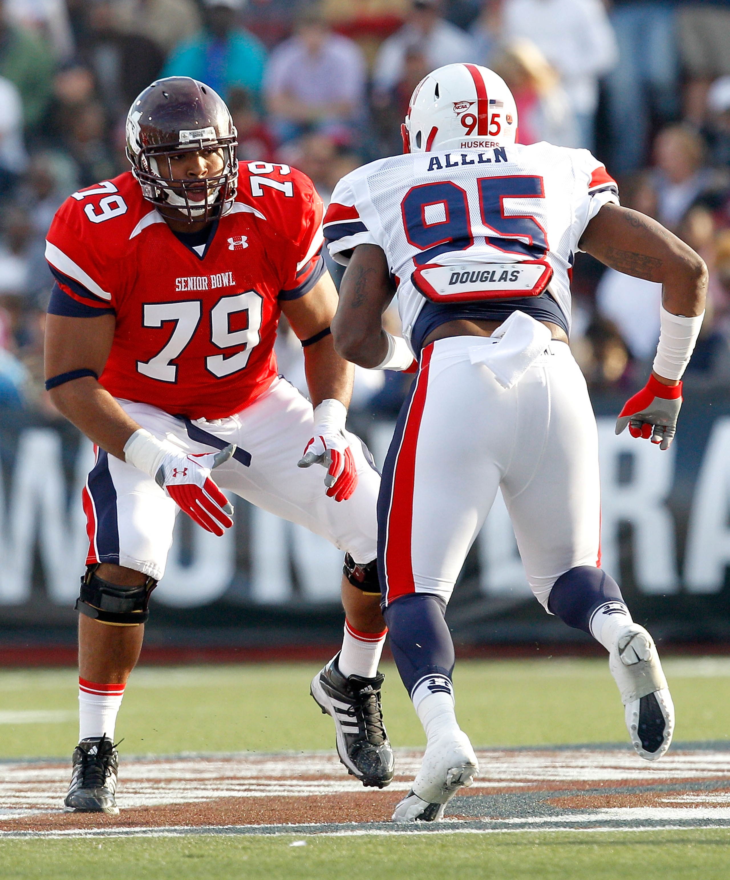 MOBILE, AL - JANUARY 29:Offensive lineman Derek Sharrod #79 of the South Team matches up with Pierre Allen #95 of the North Team during the second quarter of the Under Armour Senior Bowl on January 29, 2011 at Ladd-Pebbles Stadium in Mobile, Alabama. (Pho