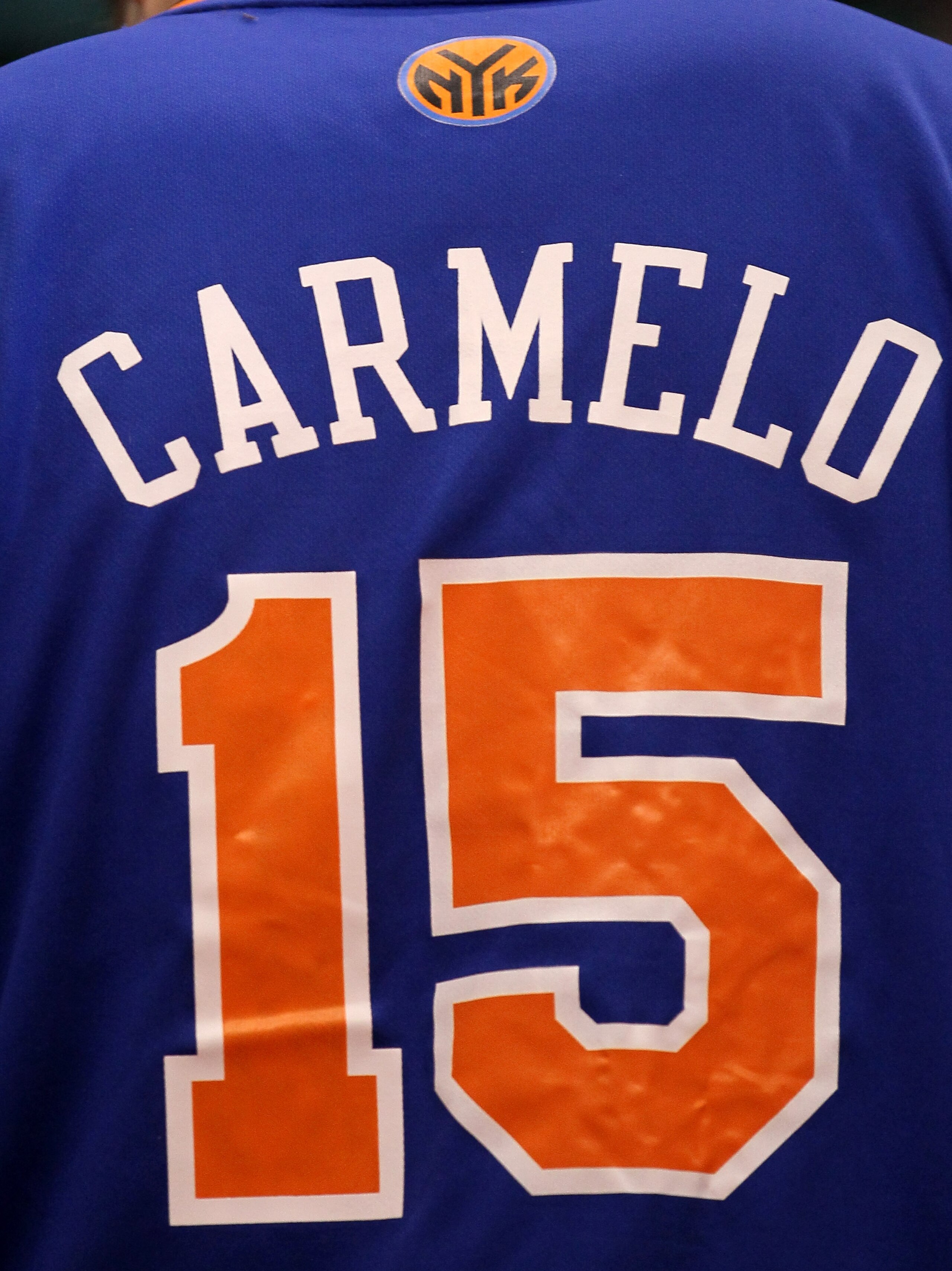 LOS ANGELES, CA - JANUARY 5: A fan anticipating a possible impending trade wears a New York Knicks jersey with the first name and number of Carmelo Anthony #15 of the Denver Nuggets during the game withthe Los Angeles Clippers at Staples Center on Januar LOS ANGELES, CA - JANUARY 5: A fan anticipating a possible impending trade wears a New York Knicks jersey with the first name and number of Carmelo Anthony #15 of the Denver Nuggets during the game withthe Los Angeles Clippers at Staples Center on Januar