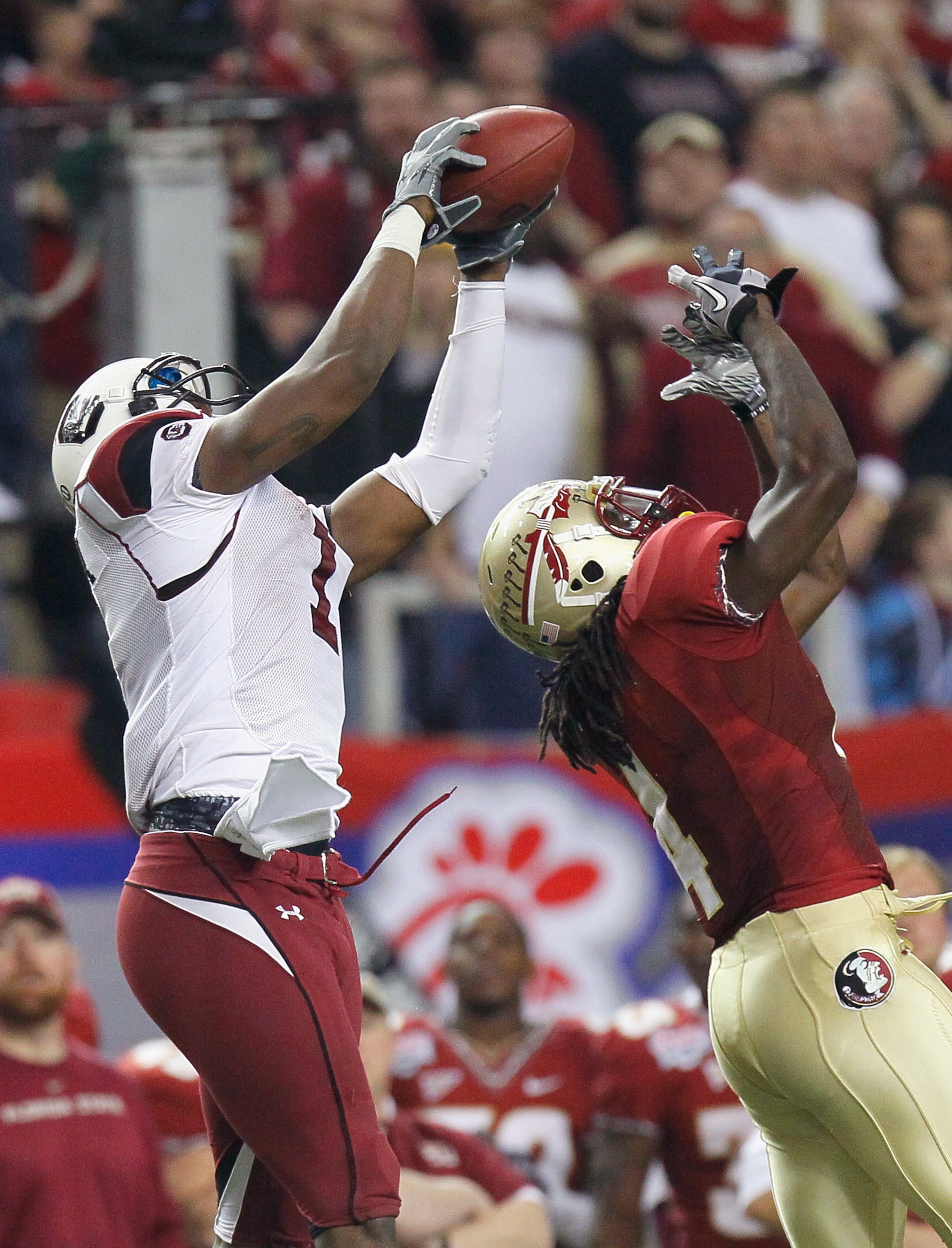 ATLANTA, GA - DECEMBER 31: Alshon Jeffery #1 of the South Carolina Gamecocks against Terrance Parks #4 of the Florida State Seminoles during the 2010 Chick-fil-A Bowl at Georgia Dome on December 31, 2010 in Atlanta, Georgia. (Photo by Kevin C. Cox/Getty ATLANTA, GA - DECEMBER 31: Alshon Jeffery #1 of the South Carolina Gamecocks against Terrance Parks #4 of the Florida State Seminoles during the 2010 Chick-fil-A Bowl at Georgia Dome on December 31, 2010 in Atlanta, Georgia. (Photo by Kevin C. Cox/Getty