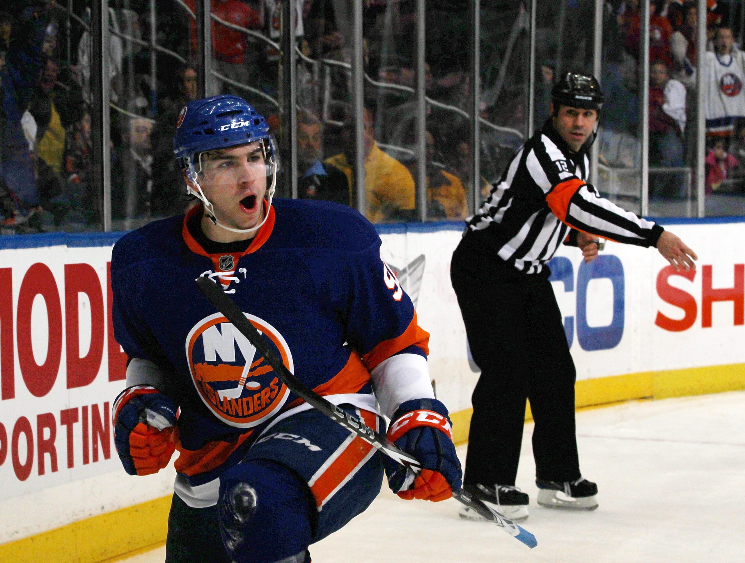 UNIONDALE, NY - JANUARY 15: John Tavares #91 of the New York Islanders celebrates his hattrick goal against the Buffalo Sabres at the Nassau Coliseum on January 15, 2011 in Uniondale, New York.  (Photo by Bruce Bennett/Getty Images)