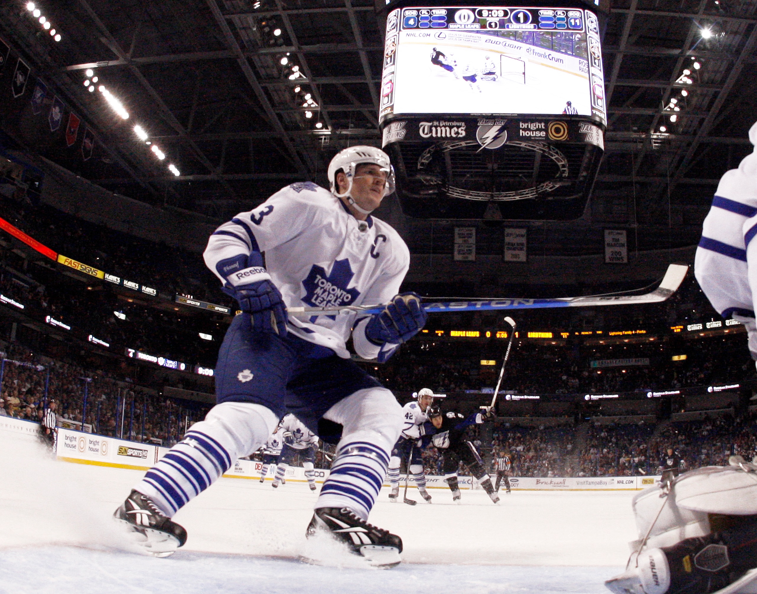 TAMPA, FL - JANUARY 25: Dion Phaneuf #3 of the Toronto Maple Leafs skates against the Tampa Bay Lightning at St. Pete Times Forum on January 25, 2011 in Tampa, Florida. The Lightning defeated the Leafs 2-0. (Photo by Justin K. Aller/Getty Images)