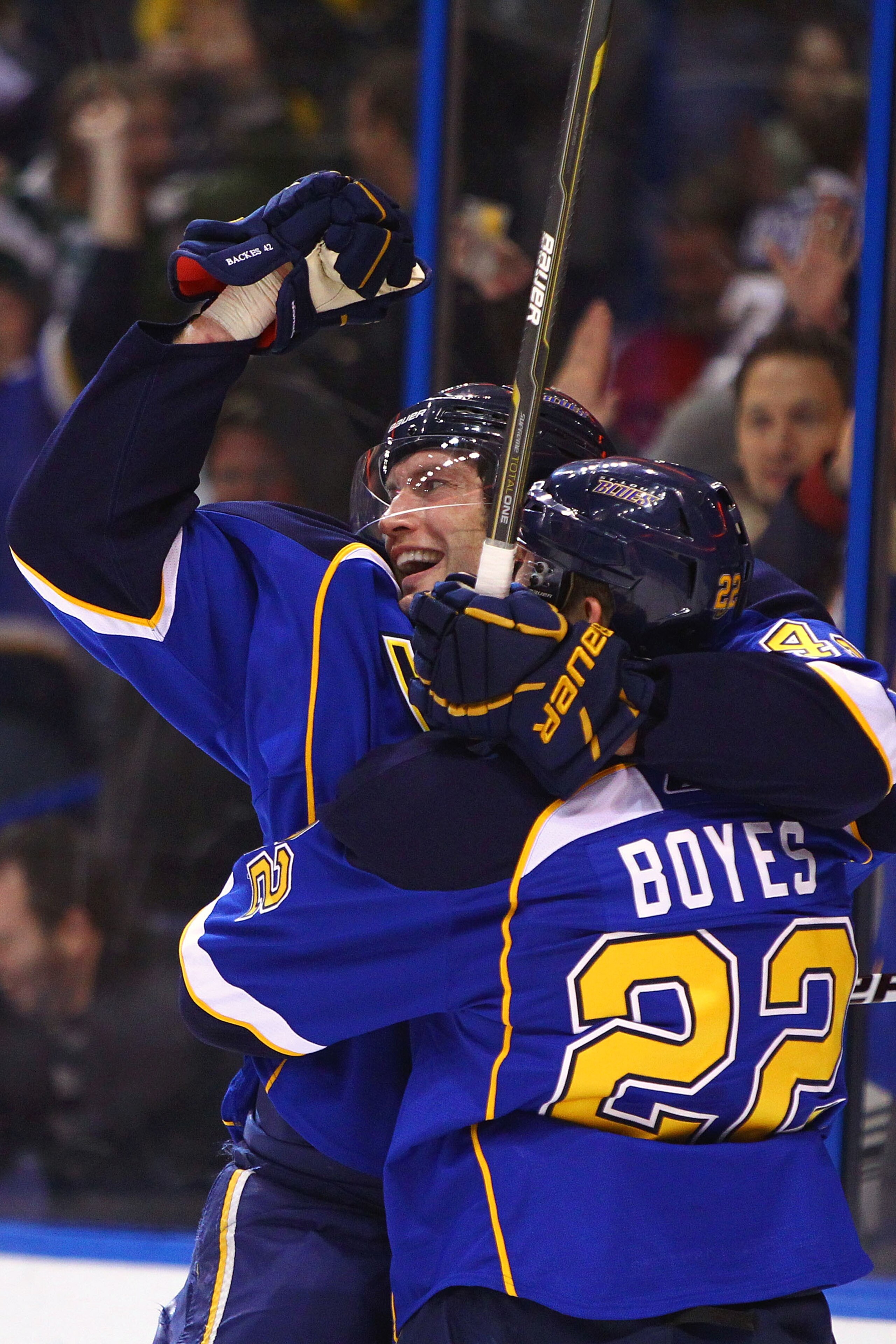 ST. LOUIS, MO - JANUARY 20: David Backes #42 of the St. Louis Blues celebrates his goal against the Detroit Red Wings with teammate Brad Boyes #22 at the Scottrade Center on January 20, 2011 in St. Louis, Missouri.  The Red Wings beat the Blues 4-3 in ove