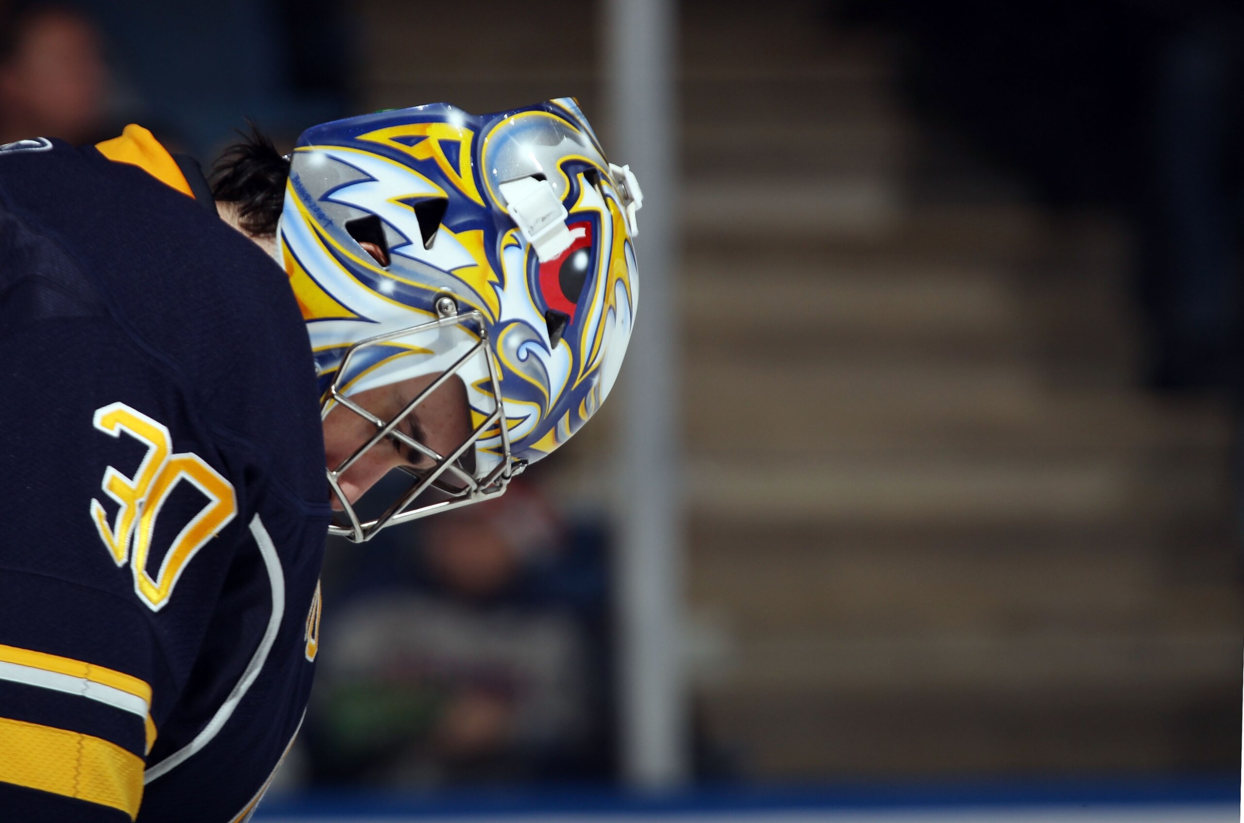 UNIONDALE, NY - JANUARY 23: Ryan Miller #30 of the Buffalo Sabres pauses during his game against the New York Islanders at the Nassau Coliseum on January 23, 2011 in Uniondale, New York.  (Photo by Bruce Bennett/Getty Images)