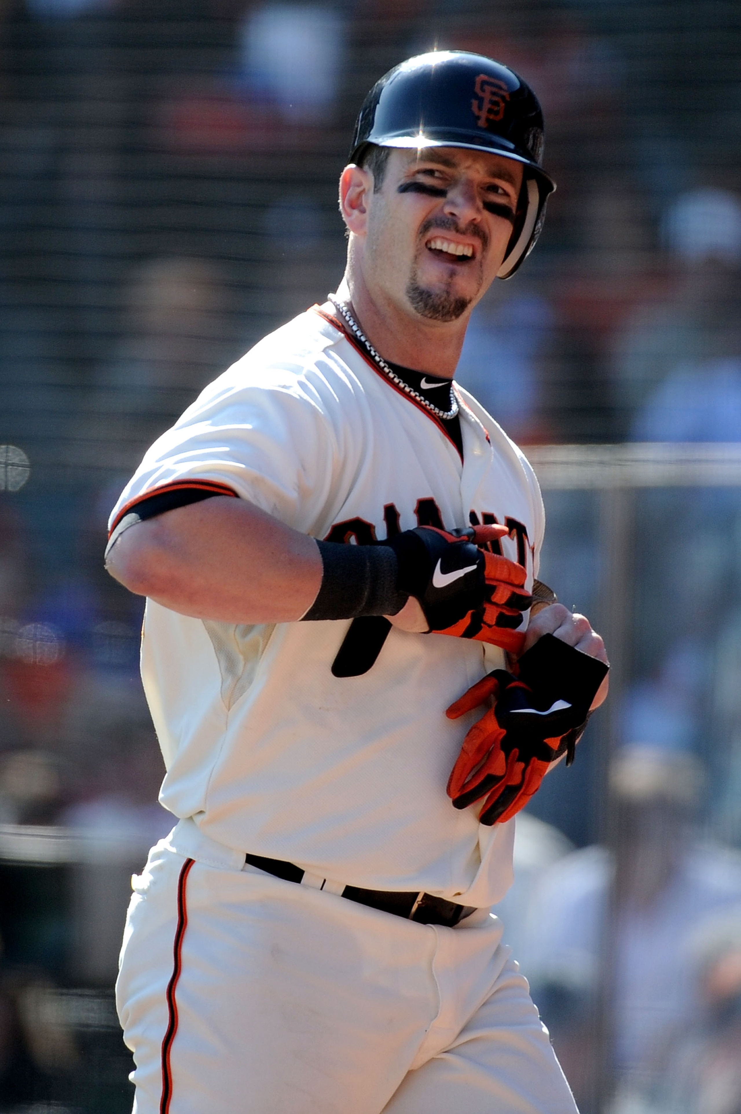 SAN FRANCISCO - OCTOBER 19:  Aaron Rowand #33 of the San Francisco Giants reacts after he strikes out in the third inning against the Philadelphia Phillies in Game Three of the NLCS during the 2010 MLB Playoffs at AT&T Park on October 19, 2010 in San Fran