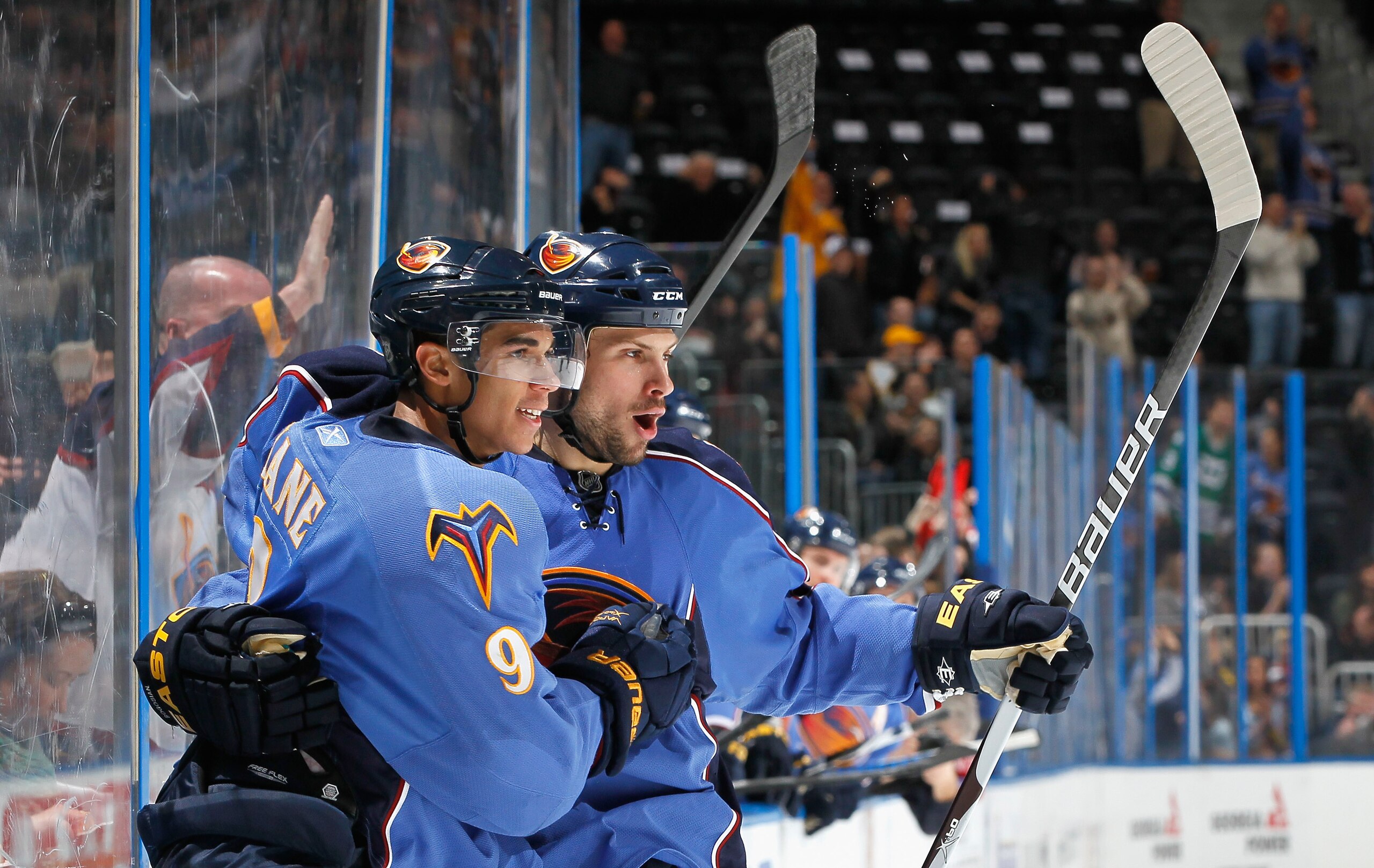 ATLANTA, GA - DECEMBER 16:  Evander Kane #9 and Zach Bogosian #4 of the Atlanta Thrashers celebrate after Kane's goal against the Carolina Hurricanes at Philips Arena on December 16, 2010 in Atlanta, Georgia.  (Photo by Kevin C. Cox/Getty Images)