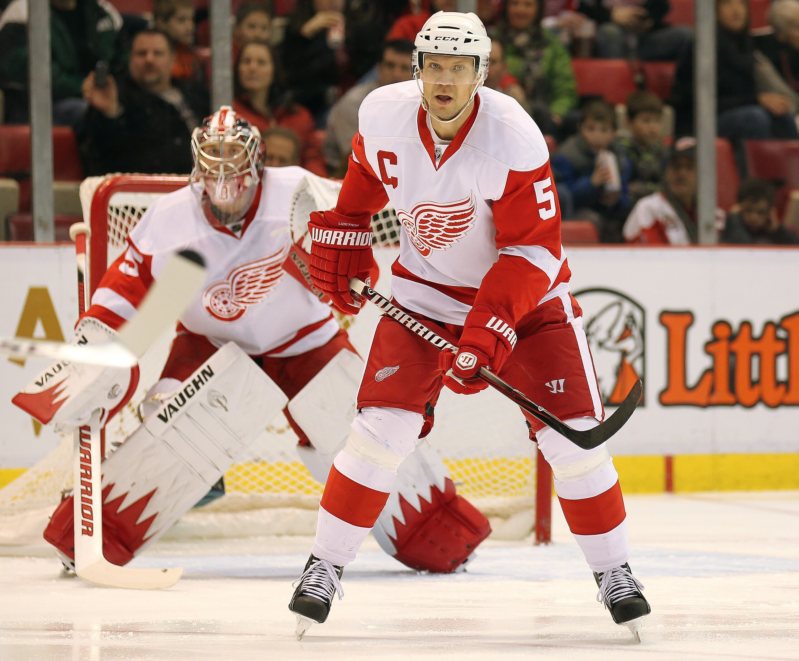 DETROIT, MI - JANUARY 22:  Nicklas Lidstrom #5 of the Detroit Red Wings defends in a game against the Chicago Black Hawks on January 22, 2011 at the Joe Louis Arena in Detroit, Michigan. The Hawks defeated the Wings 4-1. (Photo by Claus Andersen/Getty Ima