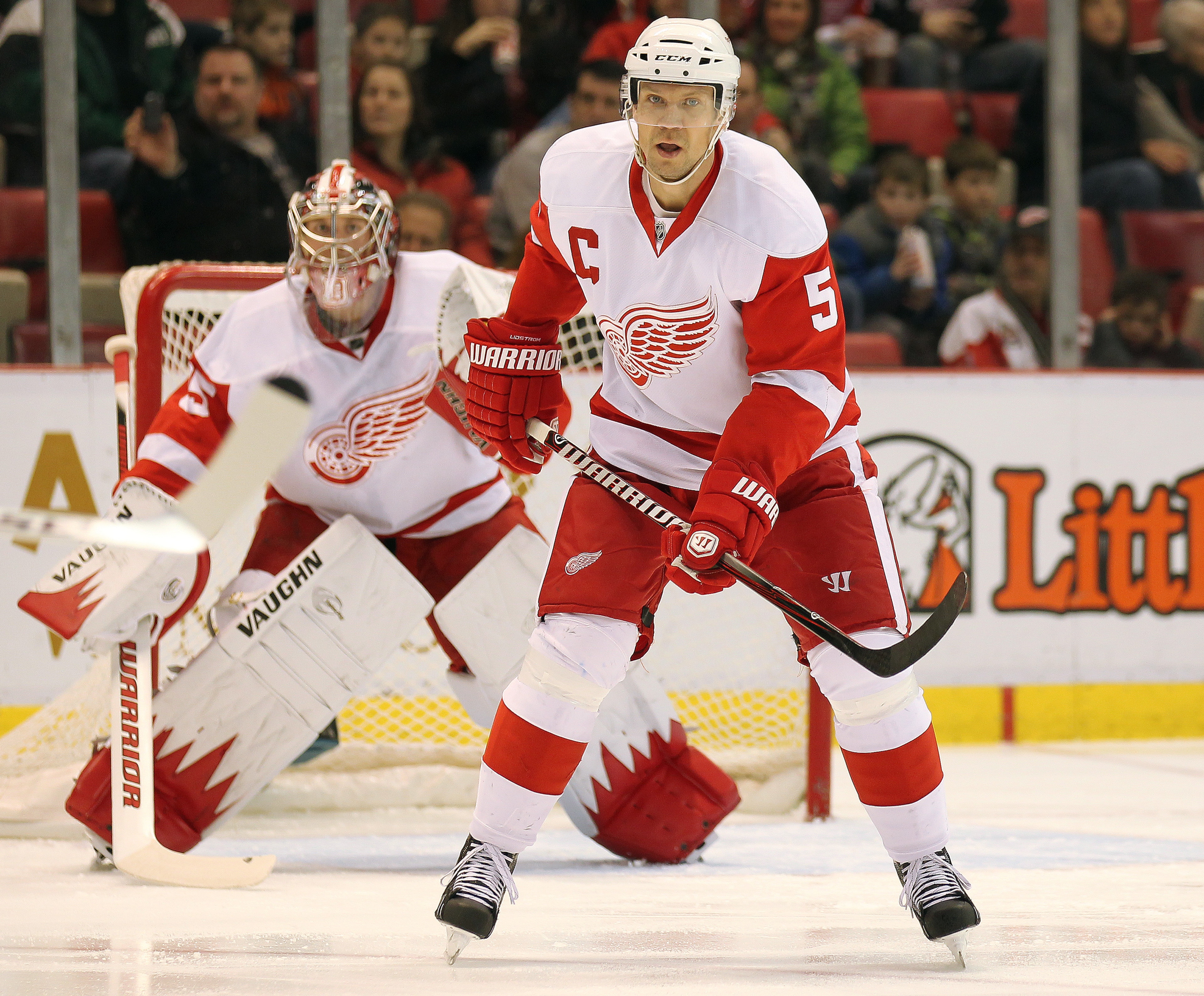 DETROIT, MI - JANUARY 22:  Nicklas Lidstrom #5 of the Detroit Red Wings defends in a game against the Chicago Black Hawks on January 22, 2011 at the Joe Louis Arena in Detroit, Michigan. The Hawks defeated the Wings 4-1. (Photo by Claus Andersen/Getty Ima