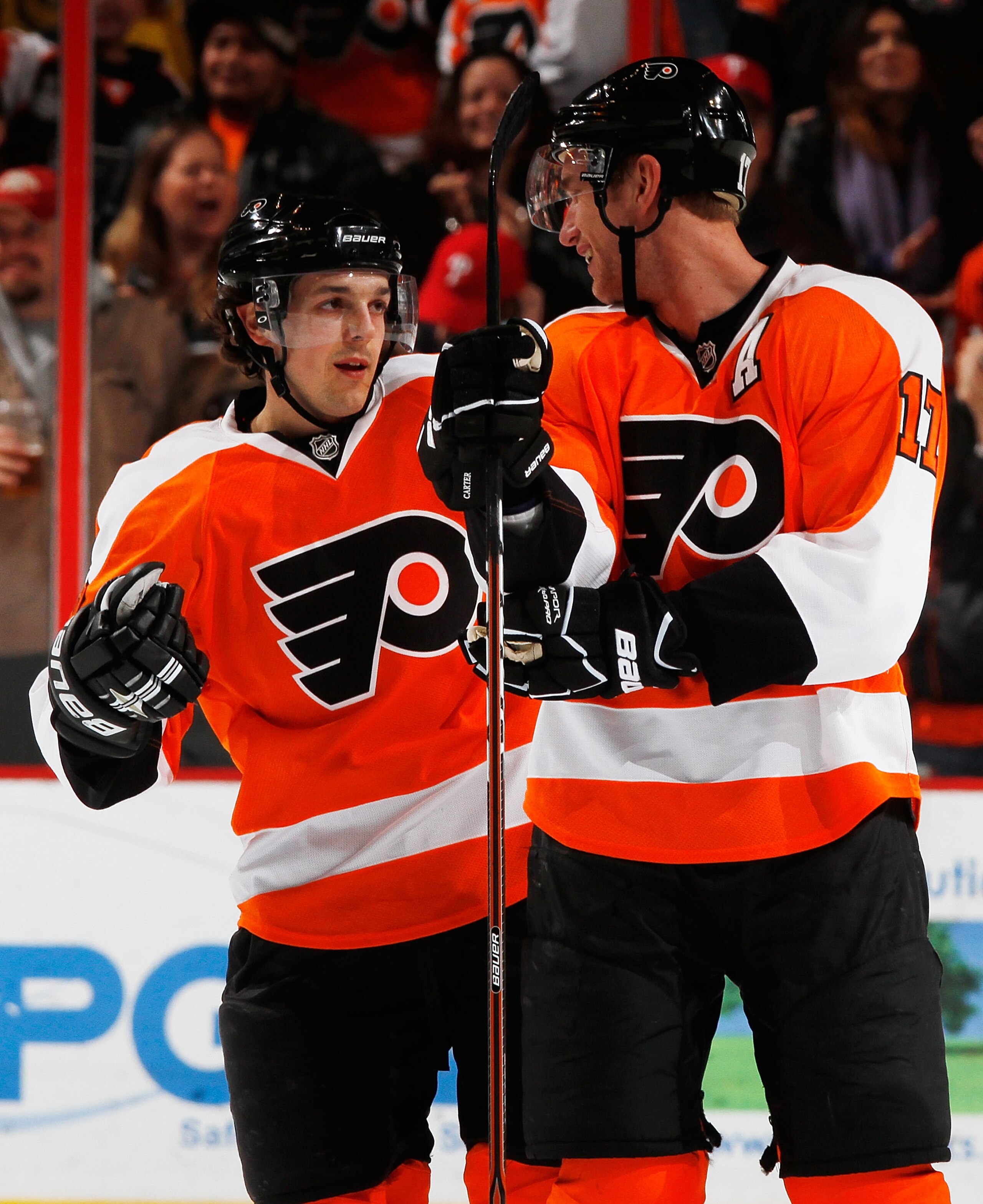 PHILADELPHIA, PA - JANUARY 25:  Danny Briere #48 and Jeff Carter #17 of the Philadelphia Flyers celebrate a goal during an NHL hockey game against the Montreal Canadiens at the Wells Fargo Center on January 25, 2011 in Philadelphia, Pennsylvania.  (Photo