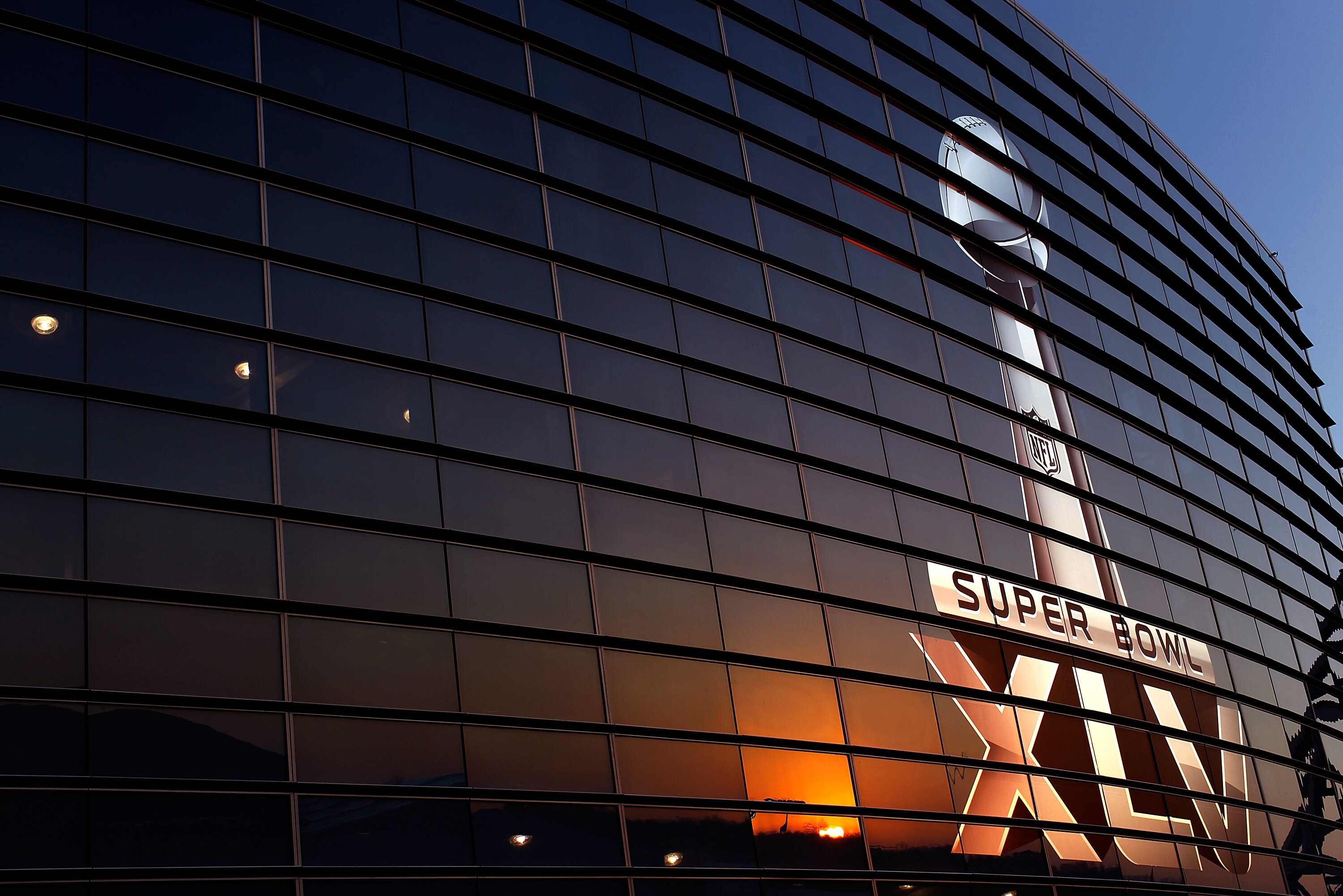 ARLINGTON, TX - JANUARY 30:  The logo for Super Bowl XLV outside of Cowboys Stadium on January 30, 2011 in Arlington, Texas. Cowboys Stadium will host Super Bowl XLV on February 6, 2011 between the Pittsburgh Steelers and the Green Bay Packers in Arlingto