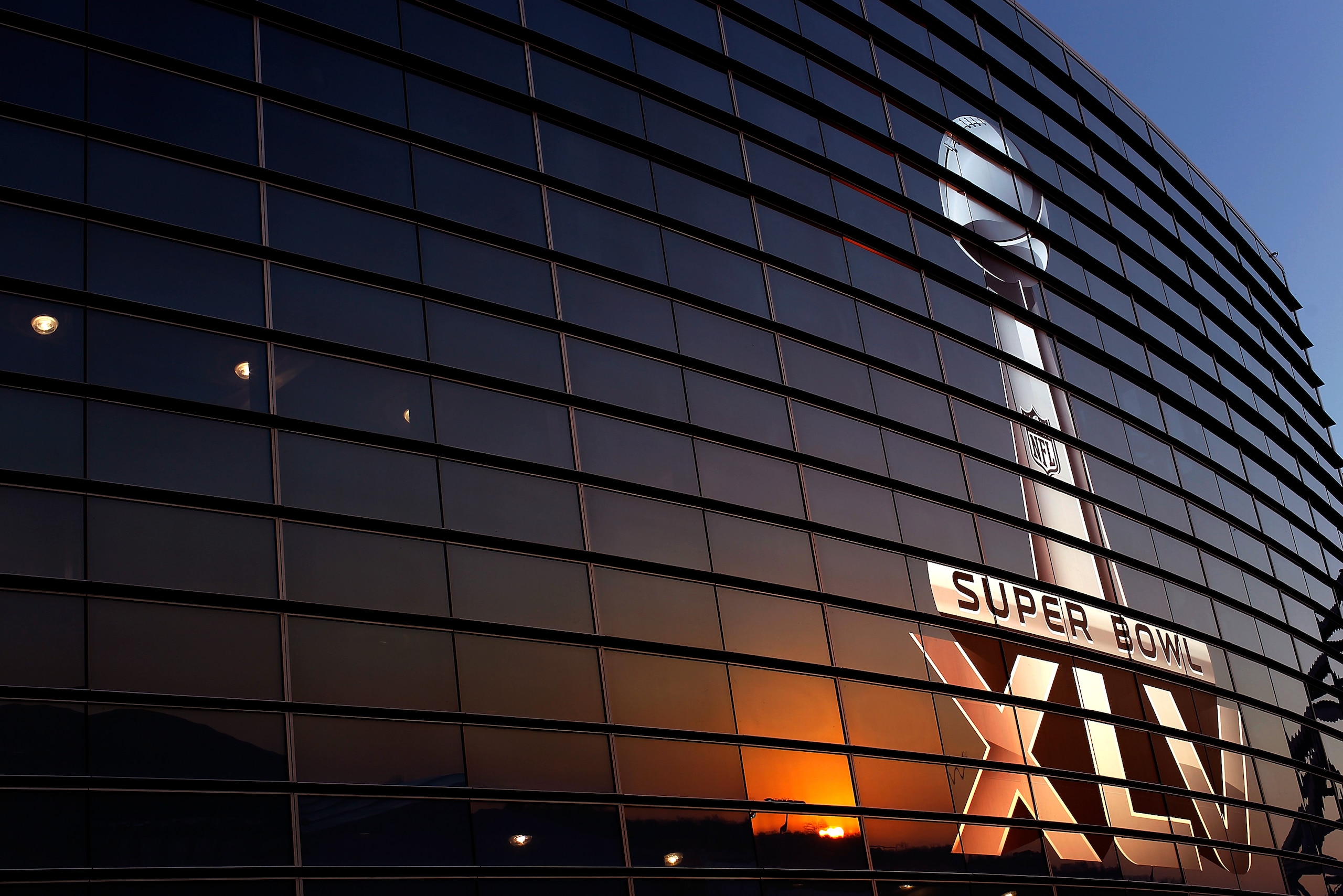 ARLINGTON, TX - JANUARY 30:  The logo for Super Bowl XLV outside of Cowboys Stadium on January 30, 2011 in Arlington, Texas. Cowboys Stadium will host Super Bowl XLV on February 6, 2011 between the Pittsburgh Steelers and the Green Bay Packers in Arlingto