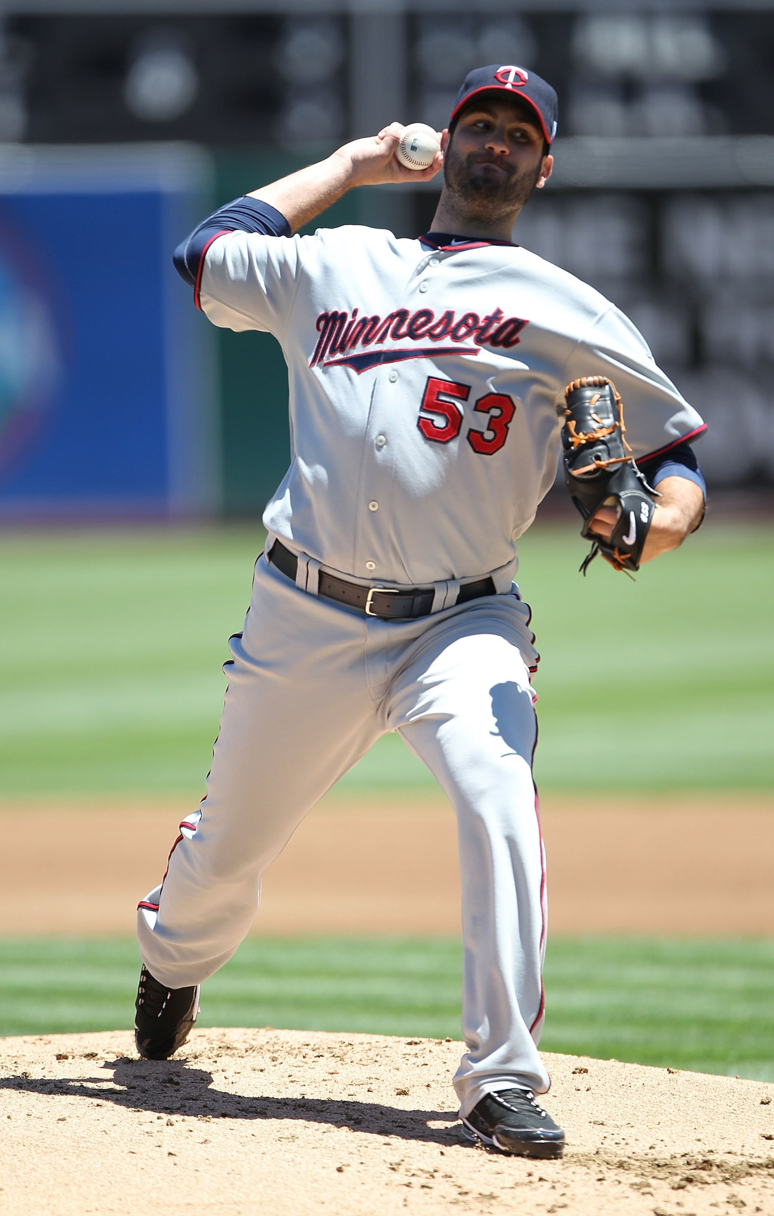 OAKLAND, CA - JUNE 06:  Nick Blackburn #53 of the Minnesota Twins pitches against the Oakland Athletics during an MLB game at the Oakland-Alameda County Coliseum on June 6, 2010 in Oakland, California.  (Photo by Jed Jacobsohn/Getty Images)