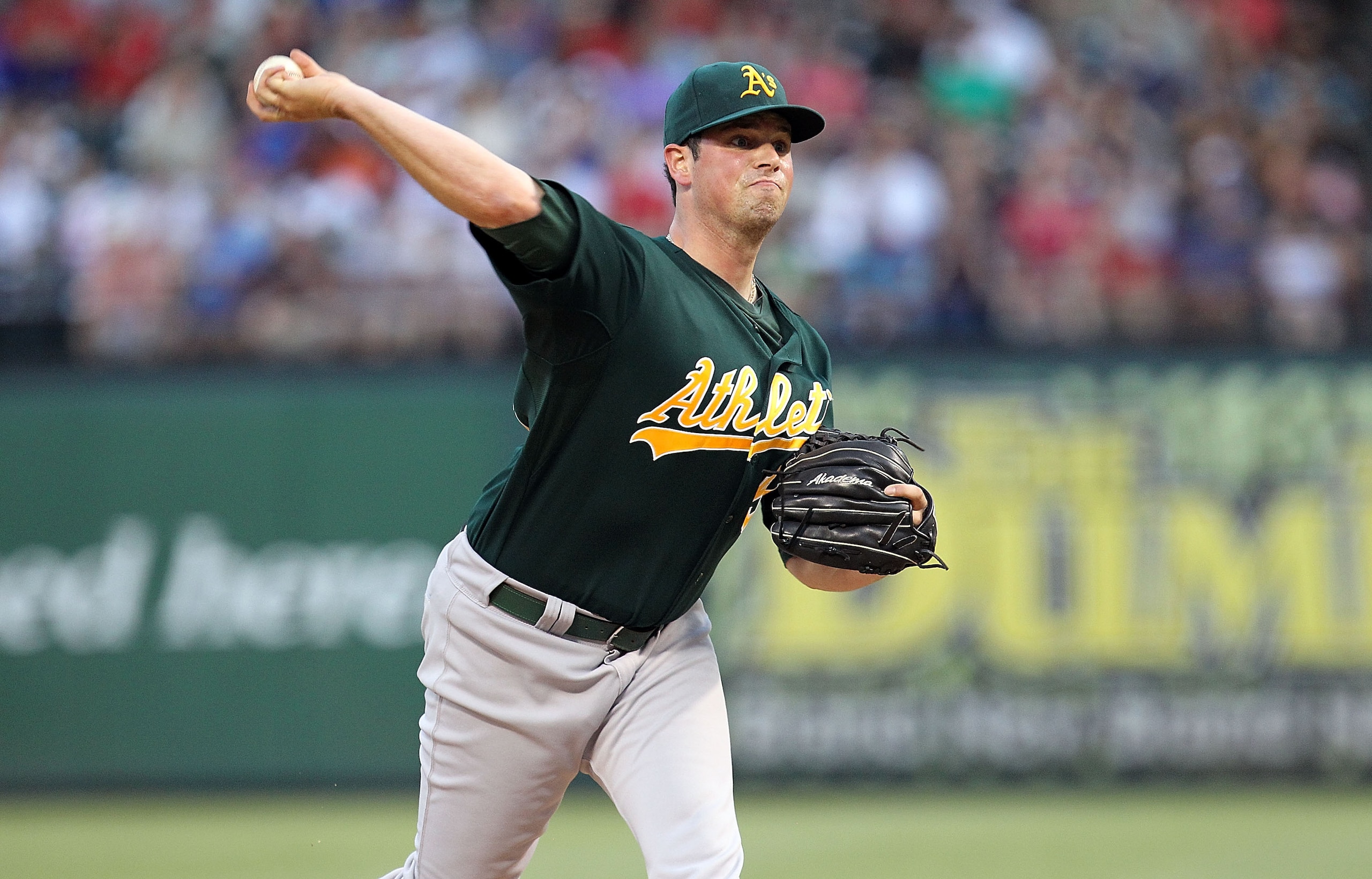 ARLINGTON, TX - JULY 29:  Vin Mazzaro #54 of the Oakland Athletics throws against the Texas Rangers on July 29, 2010 at Rangers Ballpark in Arlington, Texas.  (Photo by Ronald Martinez/Getty Images)