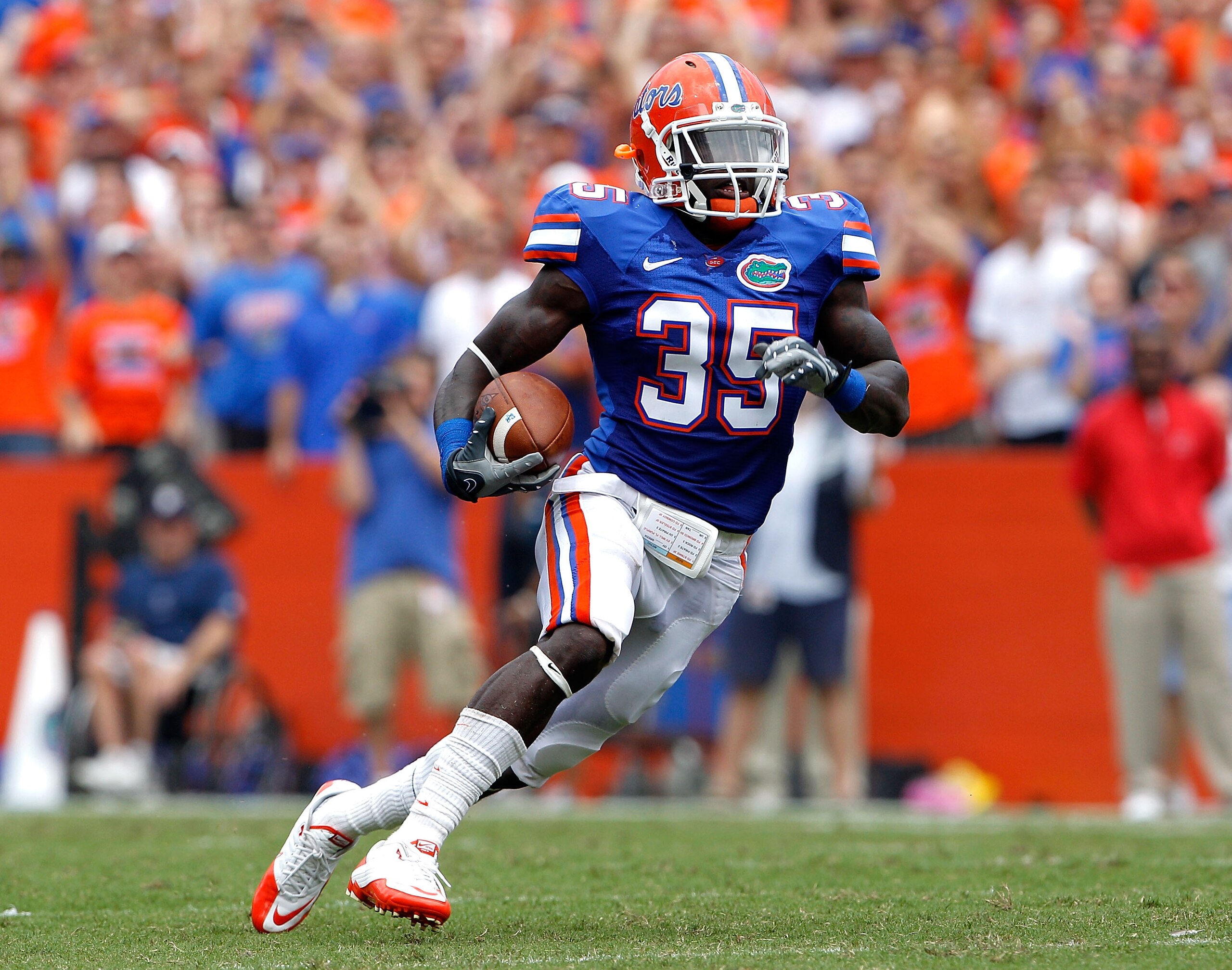 GAINESVILLE, FL - SEPTEMBER 04:  Safety Ahmad Black #35 of the Florida Gators runs after making an interception against the Miami University RedHawks at Ben Hill Griffin Stadium on September 4, 2010 in Gainesville, Florida.  (Photo by Sam Greenwood/Getty