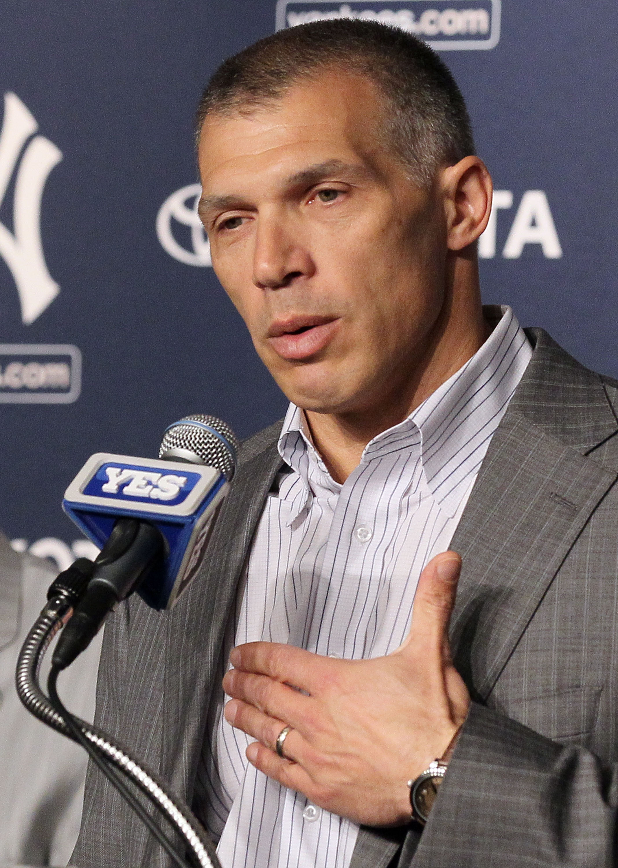 NEW YORK, NY - JANUARY 19:  Manager Joe Girardi of the New York Yankees speaks during a press conference introducing Rafael Soriano (not pictured) on January 19, 2011 at Yankee Stadium in the Bronx borough of New York City. The Yankees signed Soriano to a