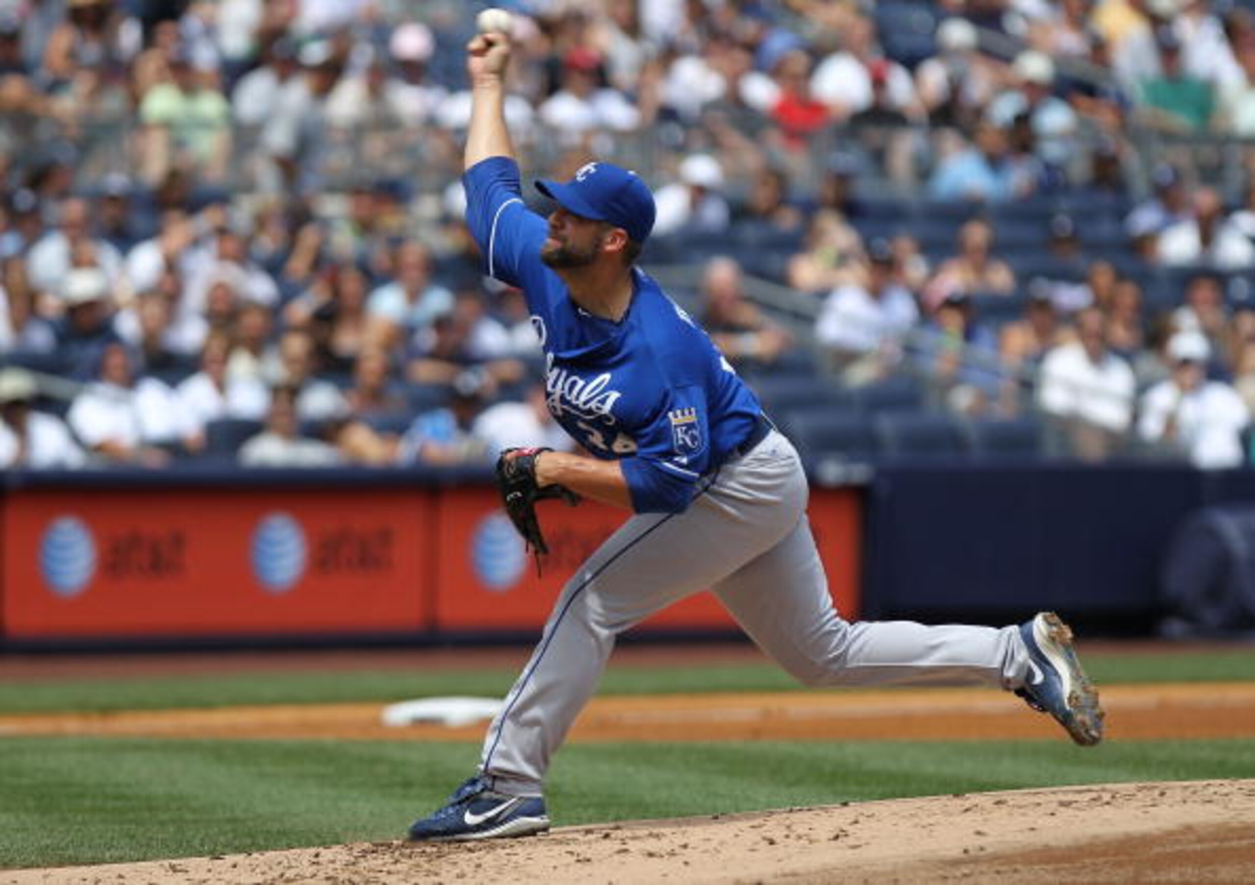 NEW YORK - JULY 24: Kyle Davies of the Kansas City Royals pitches against the New York Yankees at Yankee Stadium on July 24, 2010 in the Bronx borough of New York City.  (Photo by Nick Laham/Getty Images)