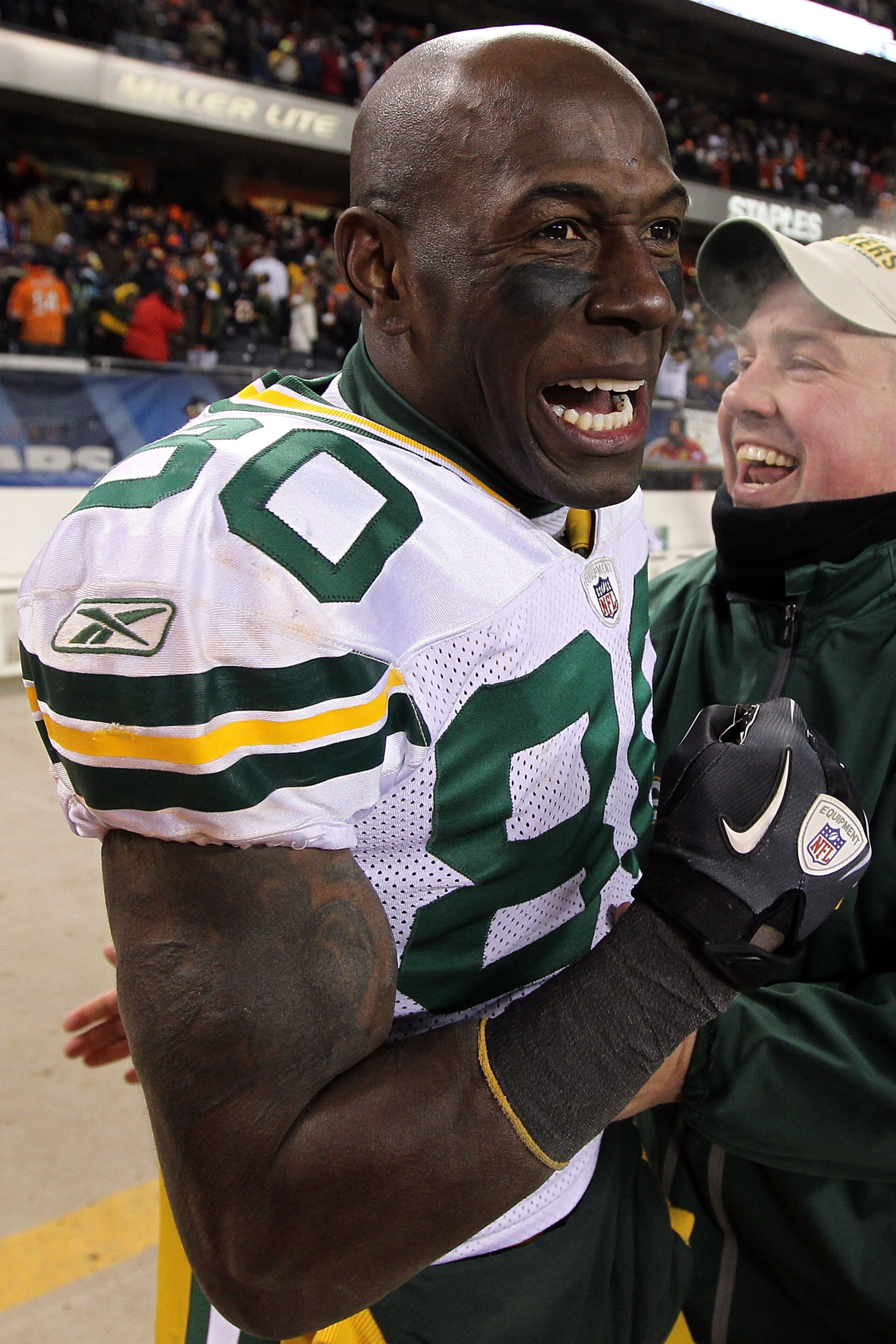 CHICAGO, IL - JANUARY 23:  Donald Driver #80 of the Green Bay Packers celebrates after the Packers 21-14 victory against the Chicago Bears in the NFC Championship Game at Soldier Field on January 23, 2011 in Chicago, Illinois.  (Photo by Andy Lyons/Getty