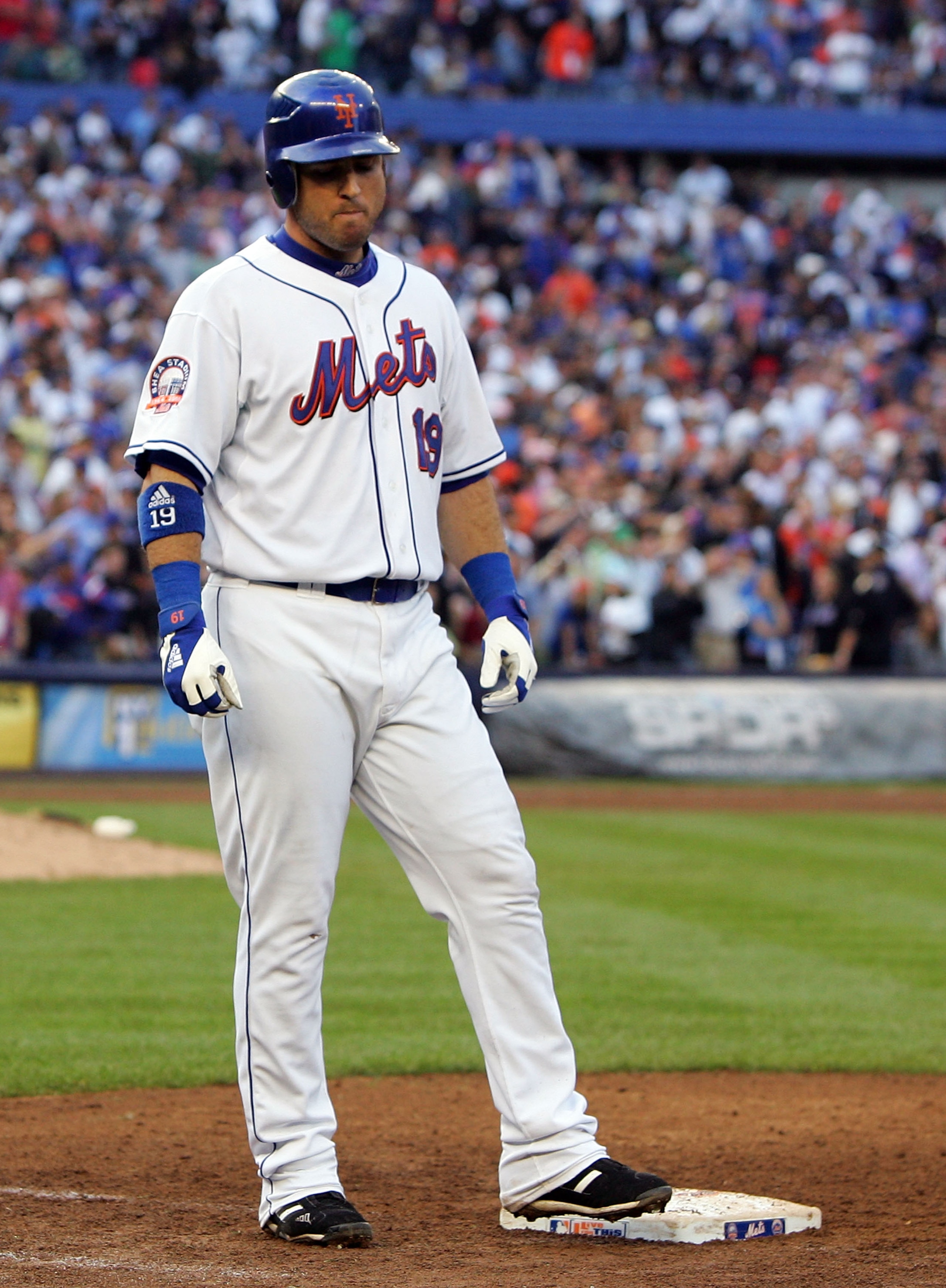 NEW YORK - SEPTEMBER 28:  Ryan Church #19 of the New York Mets reacts after flying out for the final out of the game against the Florida Marlins during the last regular season baseball game ever played in Shea Stadium on September 28, 2008 in the Flushing