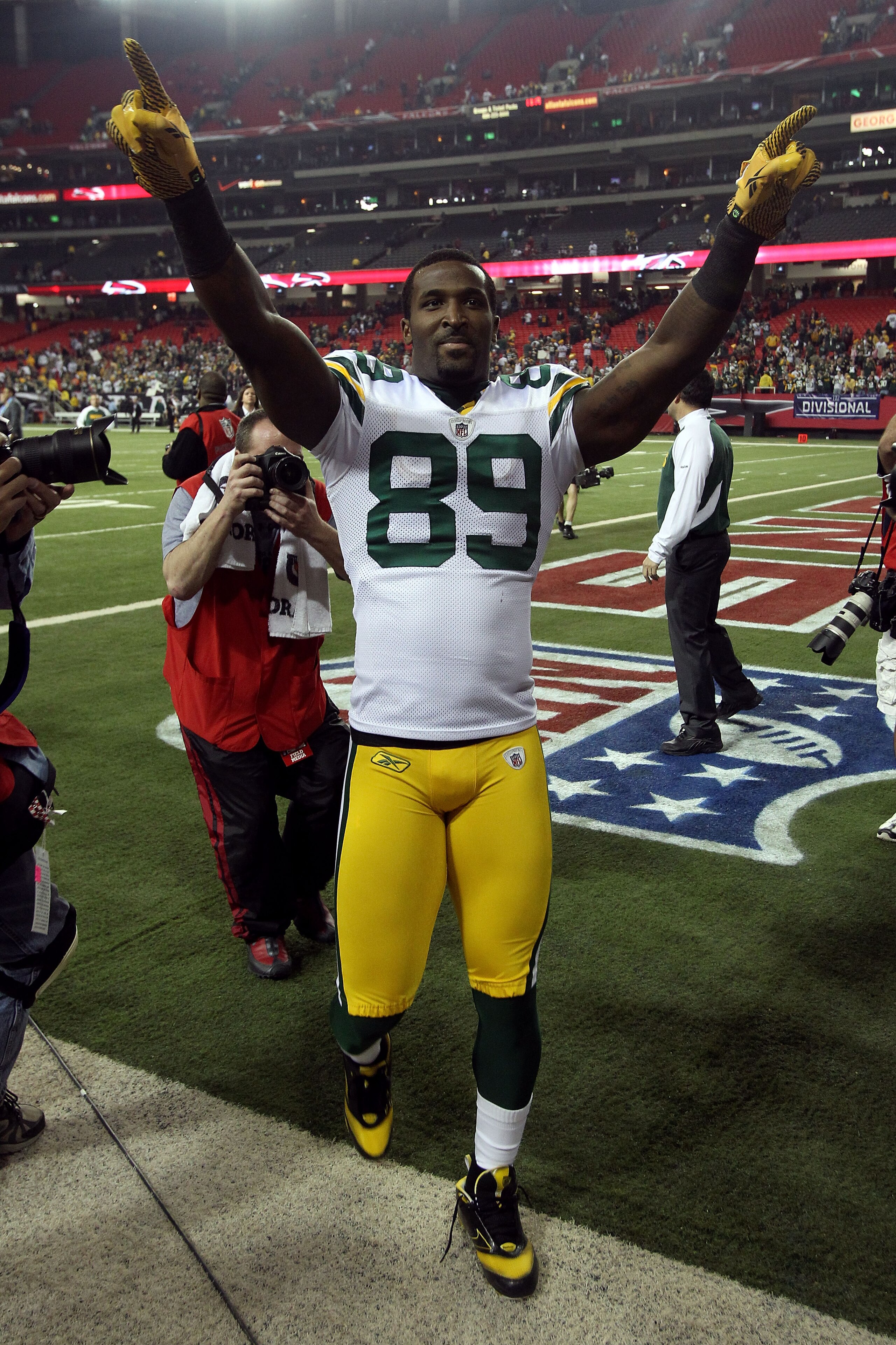 ATLANTA, GA - JANUARY 15:  James Jones #89 of the Green Bay Packers celebrates as he walks off the field after the Pakers won 48-21 against the Atlanta Falcons during their 2011 NFC divisional playoff game at Georgia Dome on January 15, 2011 in Atlanta, G