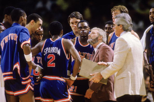 NEW YORK - 1986:  Head coach Hubie Brown of the New York Knicks looks at the scoreboard during an NBA game against the Los Angeles Lakers at the Great Western Forum in Los Angeles, California in 1986.  (Photo by: Rick Stewart/Getty Images)
