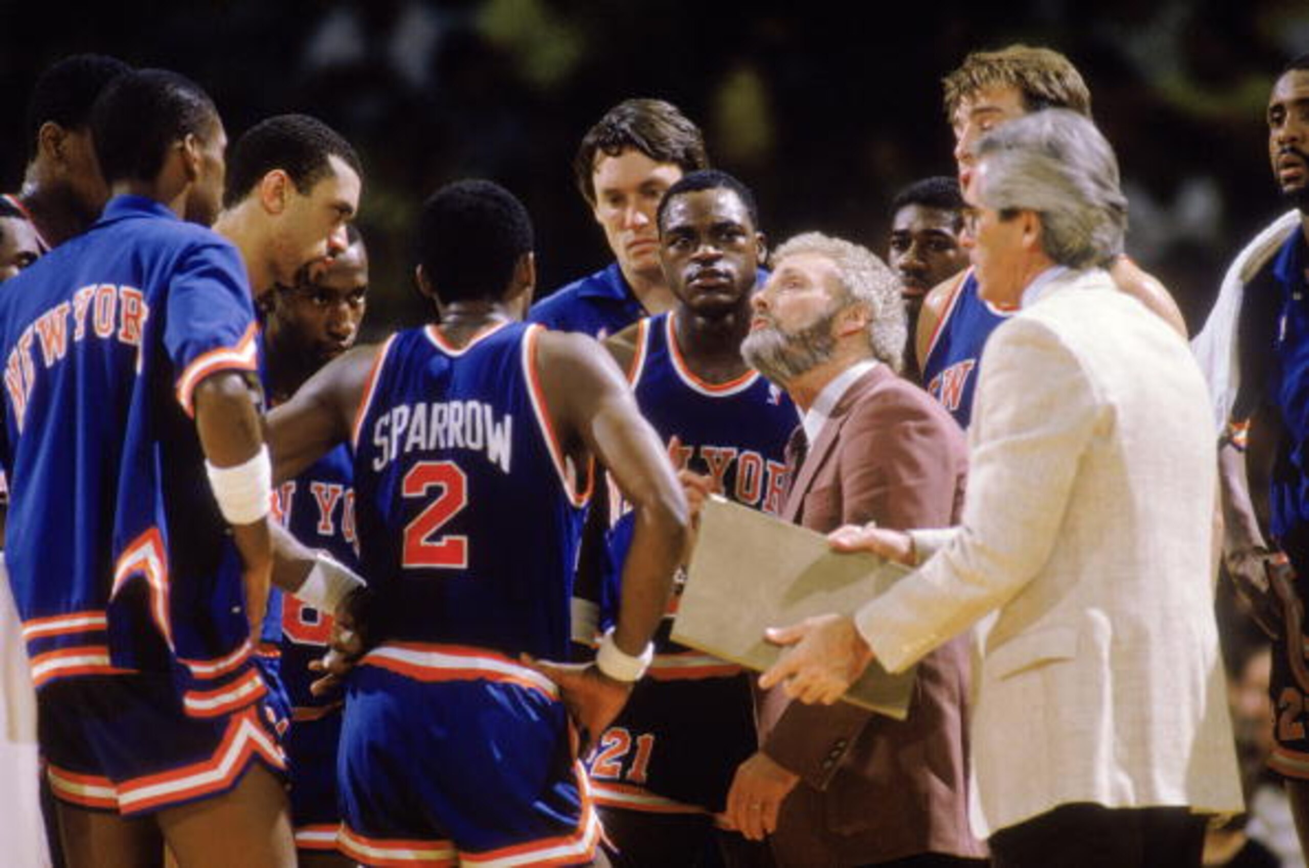 NEW YORK - 1986:  Head coach Hubie Brown of the New York Knicks looks at the scoreboard during an NBA game against the Los Angeles Lakers at the Great Western Forum in Los Angeles, California in 1986.  (Photo by: Rick Stewart/Getty Images)