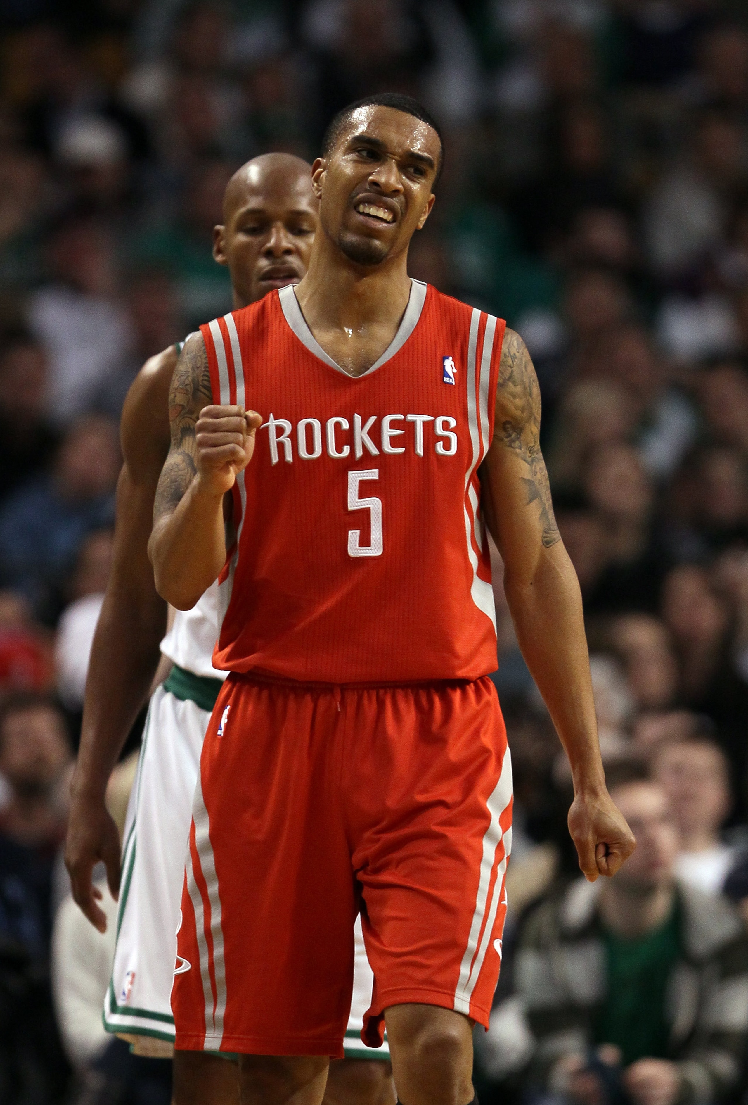 BOSTON, MA - JANUARY 10:  Courtney Lee #5 of the Houston Rockets celebrates a shot against the Boston Celtics on January 10, 2011 at the TD Garden in Boston, Massachusetts.  The Rockets defeated the Celtics 108-102. NOTE TO USER: User expressly acknowledg