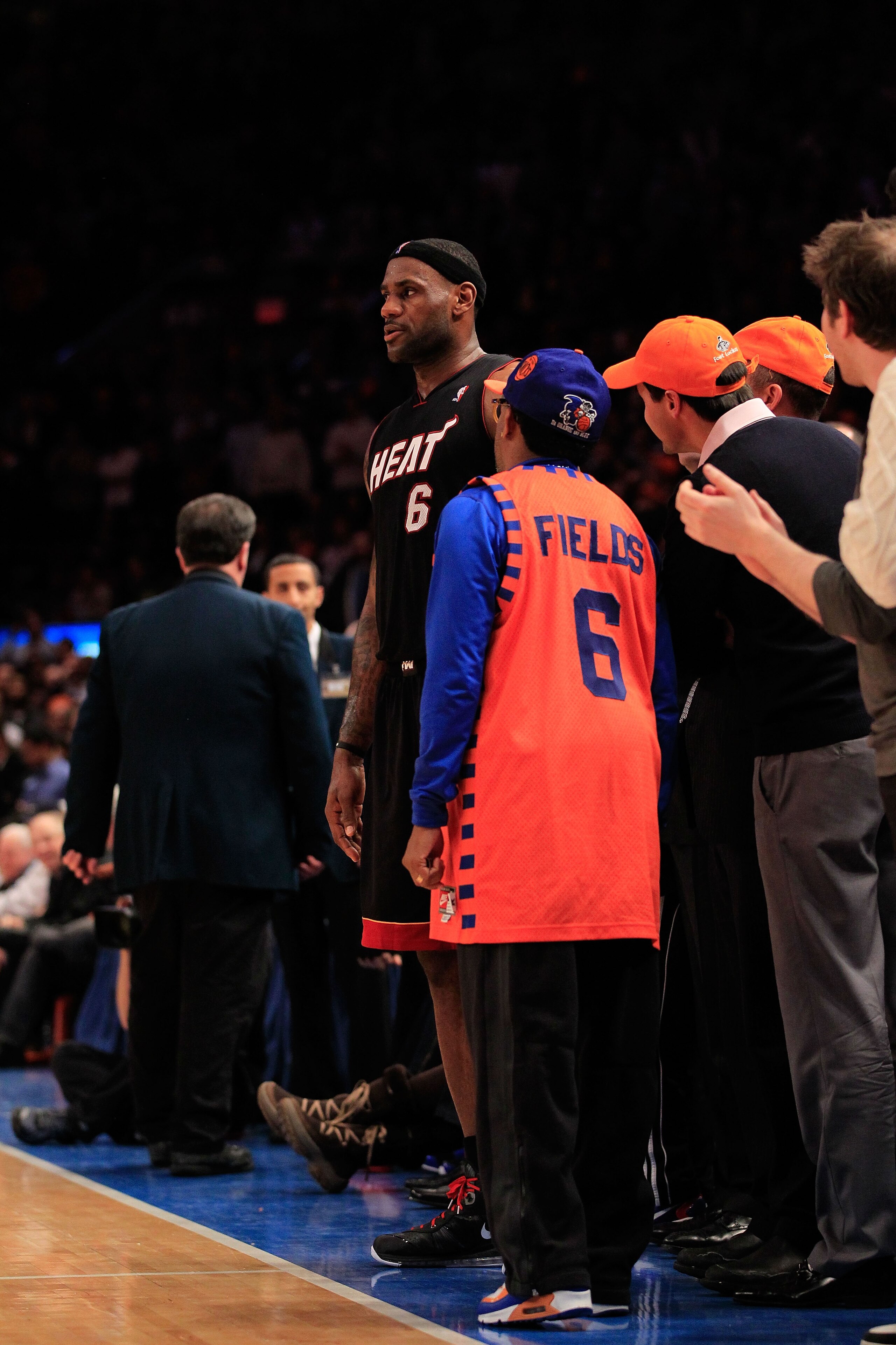 NEW YORK, NY - JANUARY 27:  Film director Spike Lee talks to Lebron James #6 during the game between the Miami Heat and the New York Knicks at Madison Square Garden on January 27, 2011 in New York City. NOTE TO USER: User expressly acknowledges and agrees
